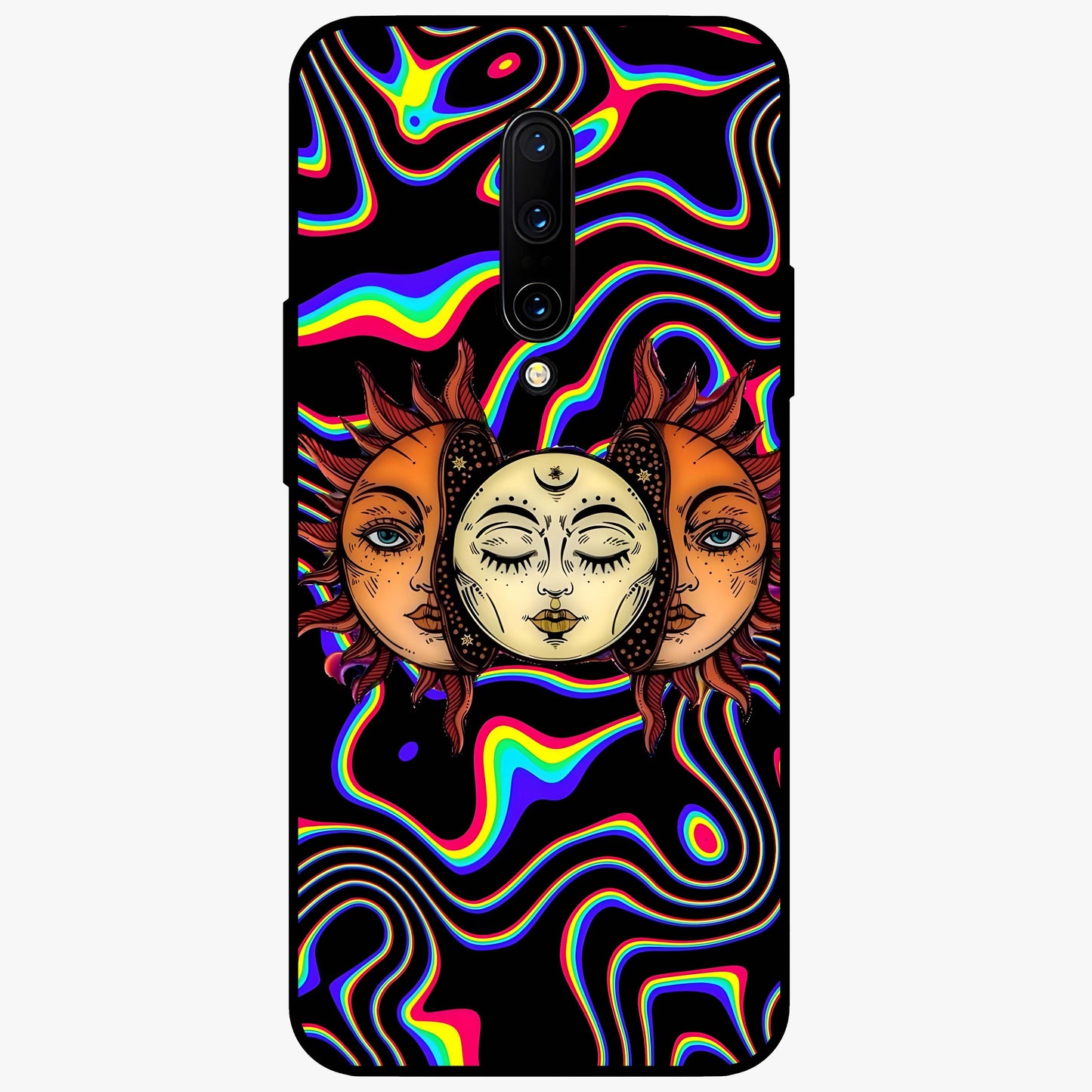 Psychedelic Sun Glass Case showing flat back view with colorful psychedelic sun artwork and glossy glass finish.