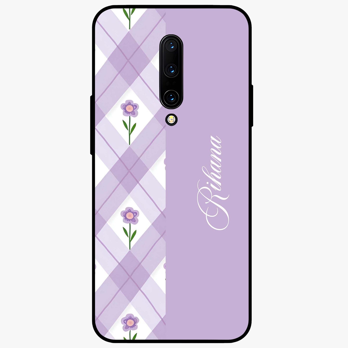 Purple Diamond Floral Glass Case showing flat back view with diamond shaped floral artwork and glossy glass finish.