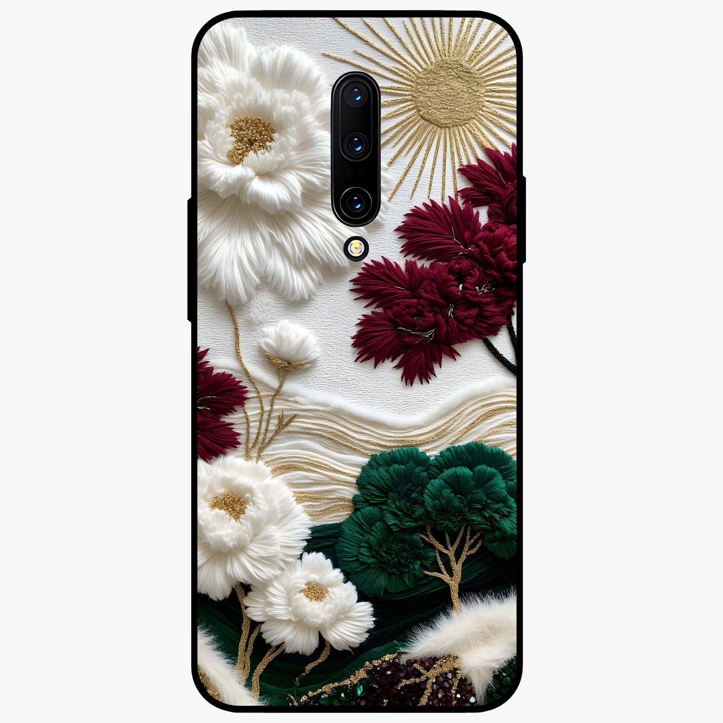 Radiant Bloom Elegance Glass Case showing flat back view with elegant blooming flower artwork and glossy glass finish.