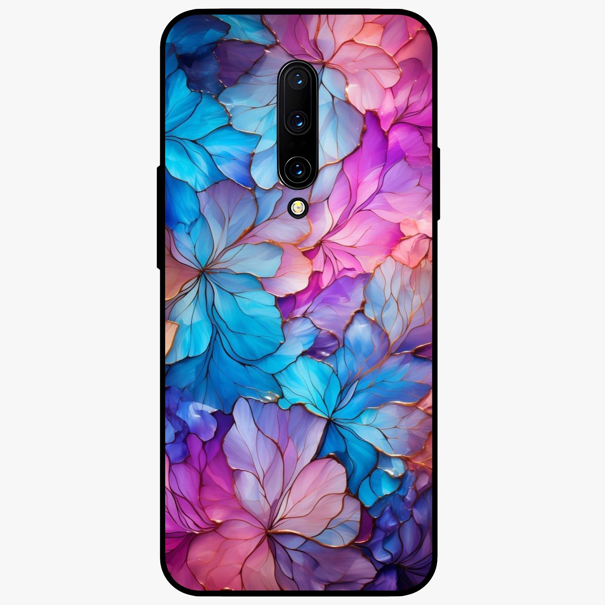 Radiant Floral Whirl Glass Case showing flat back view with swirling floral artwork and glossy glass finish.