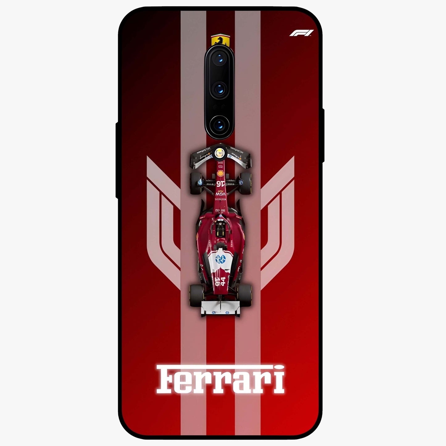 Red Ferrari F1 Vertical Glass Case showing flat back view with sleek Formula racing car artwork and glossy glass finish.