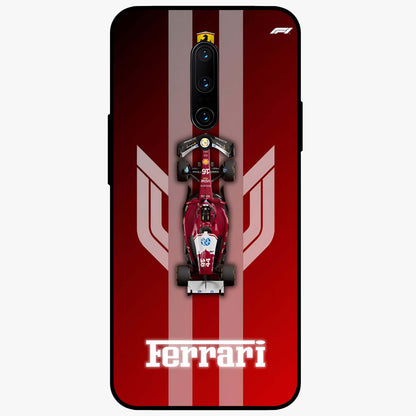 Red Ferrari F1 Vertical Glass Case showing flat back view with sleek Formula racing car artwork and glossy glass finish.