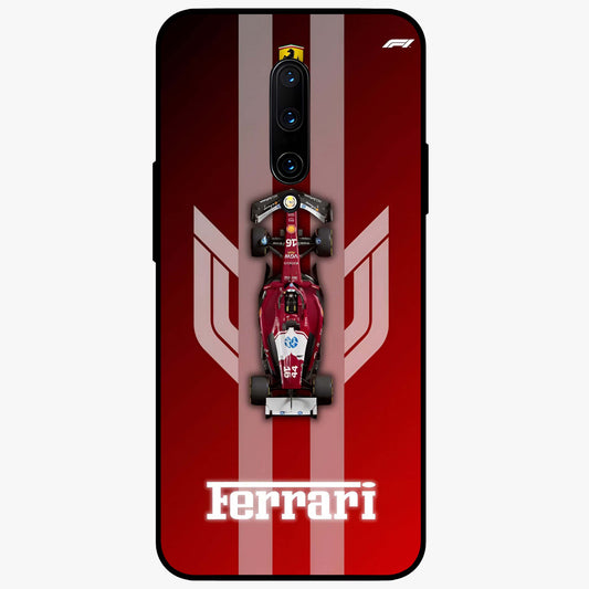 Red Ferrari F1 Vertical Glass Case showing flat back view with sleek Formula racing car artwork and glossy glass finish.