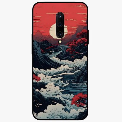 Red Sunset Scenery Glass Case showing flat back view with vibrant sunset landscape artwork and glossy glass finish.