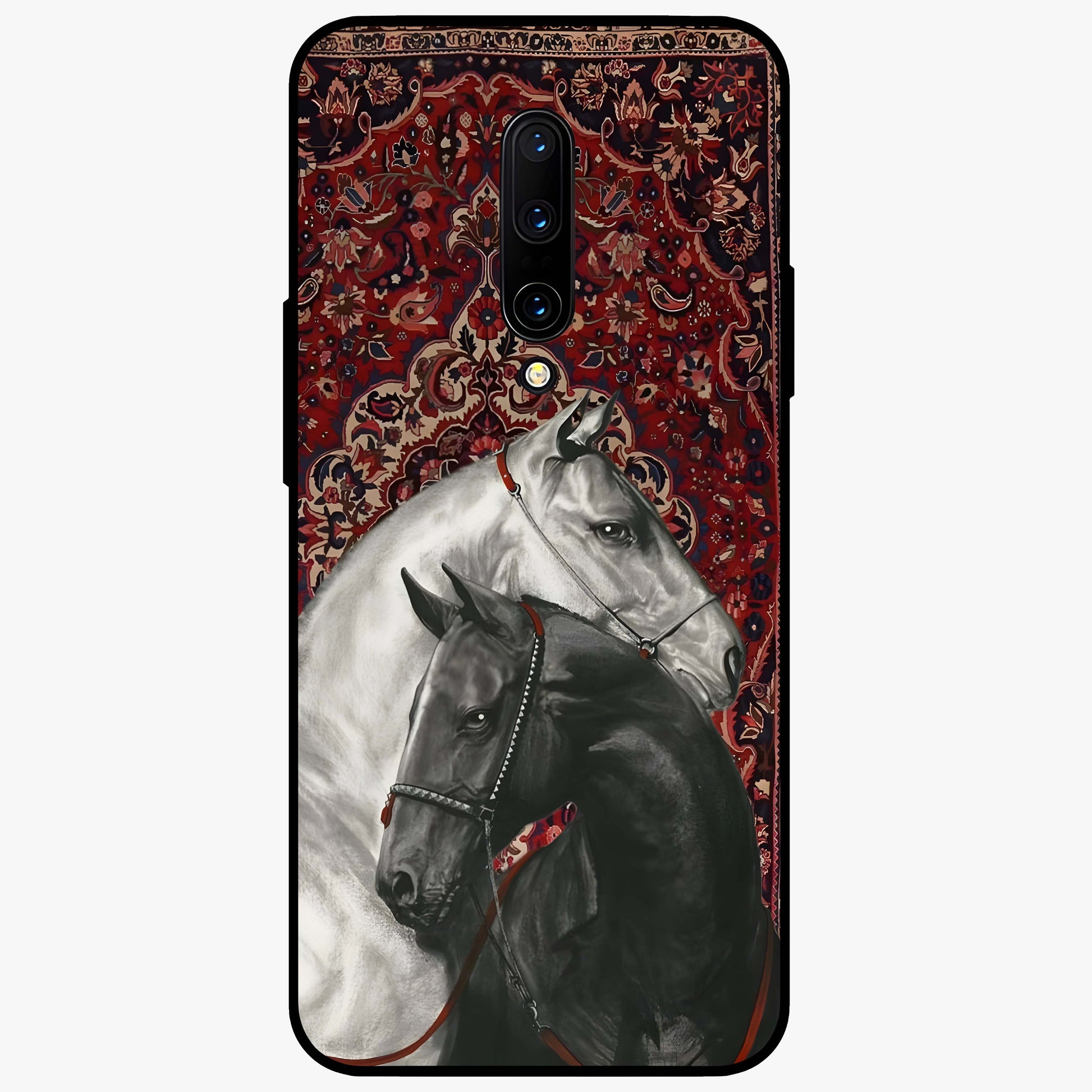 Regal Stallion Tapestry Glass Case showing flat back view with majestic horse tapestry artwork and glossy glass finish.