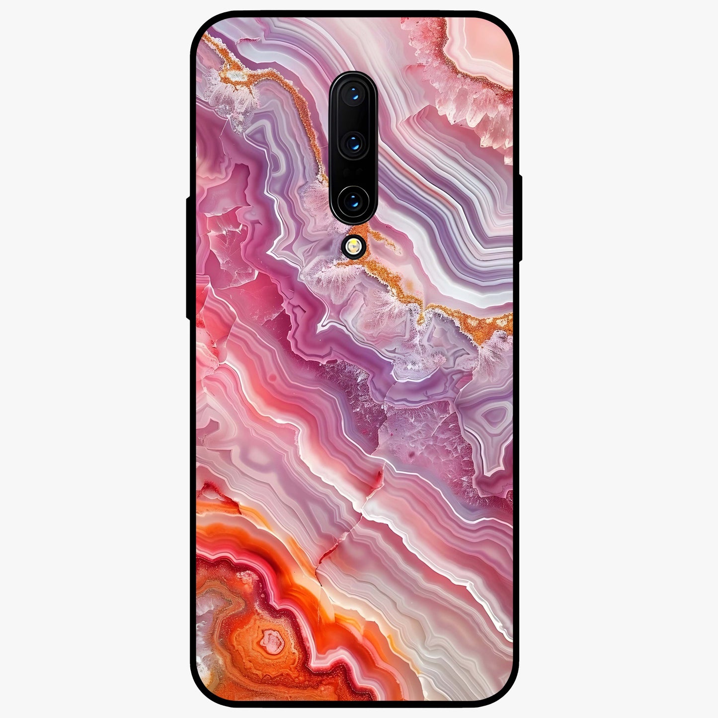 Rose Quartz Marble Glass Case showing flat back view with pink marble quartz texture artwork and glossy glass finish.