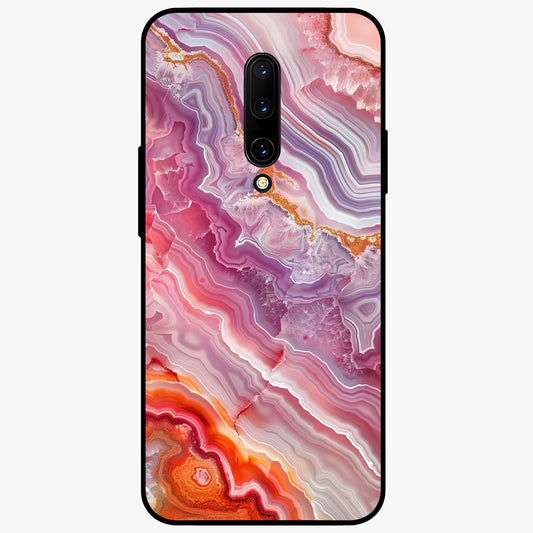 Rose Quartz Marble Glass Case showing flat back view with pink marble quartz texture artwork and glossy glass finish.