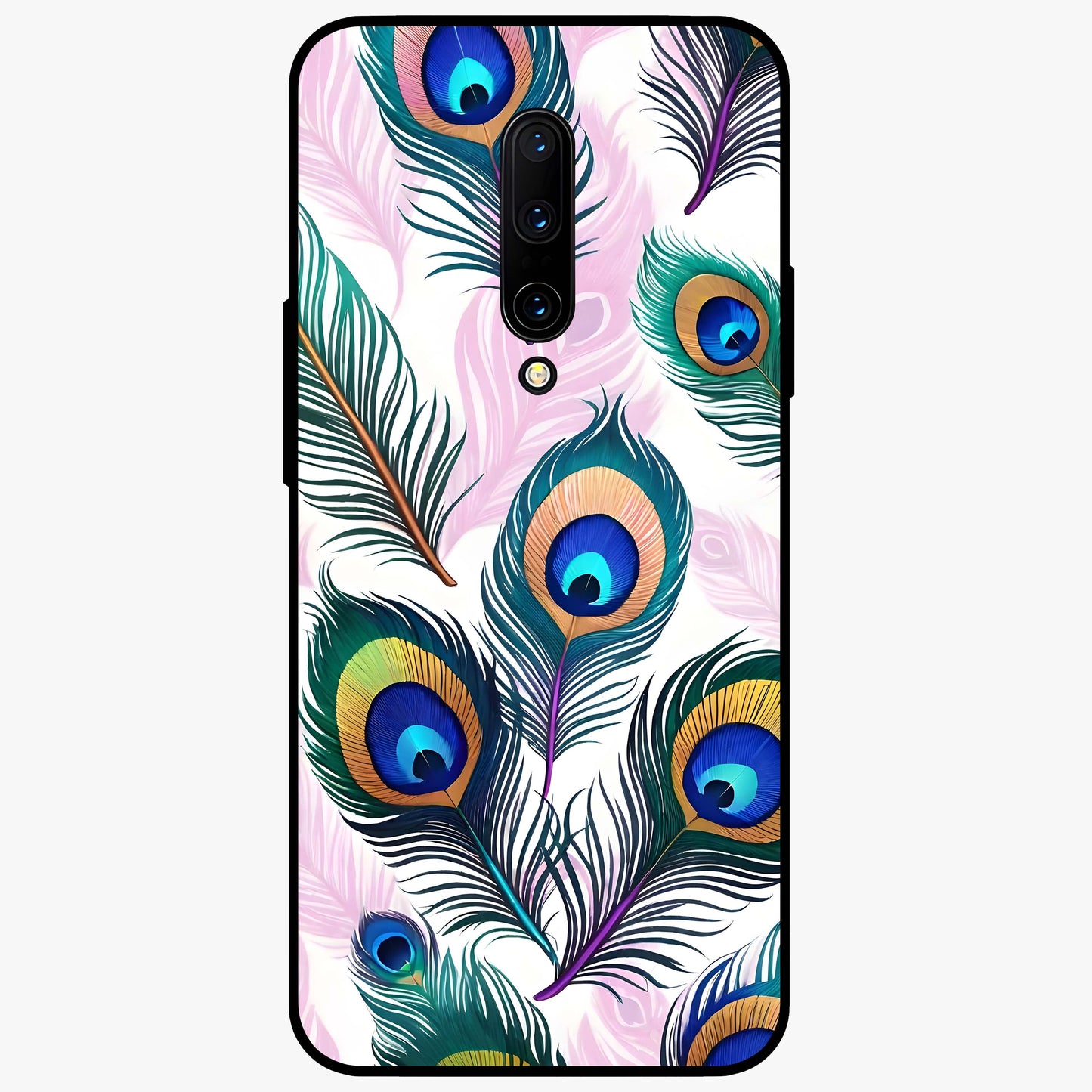 Royal Peacock Feathers Glass Case showing flat back view with colorful peacock feather artwork and glossy glass finish.