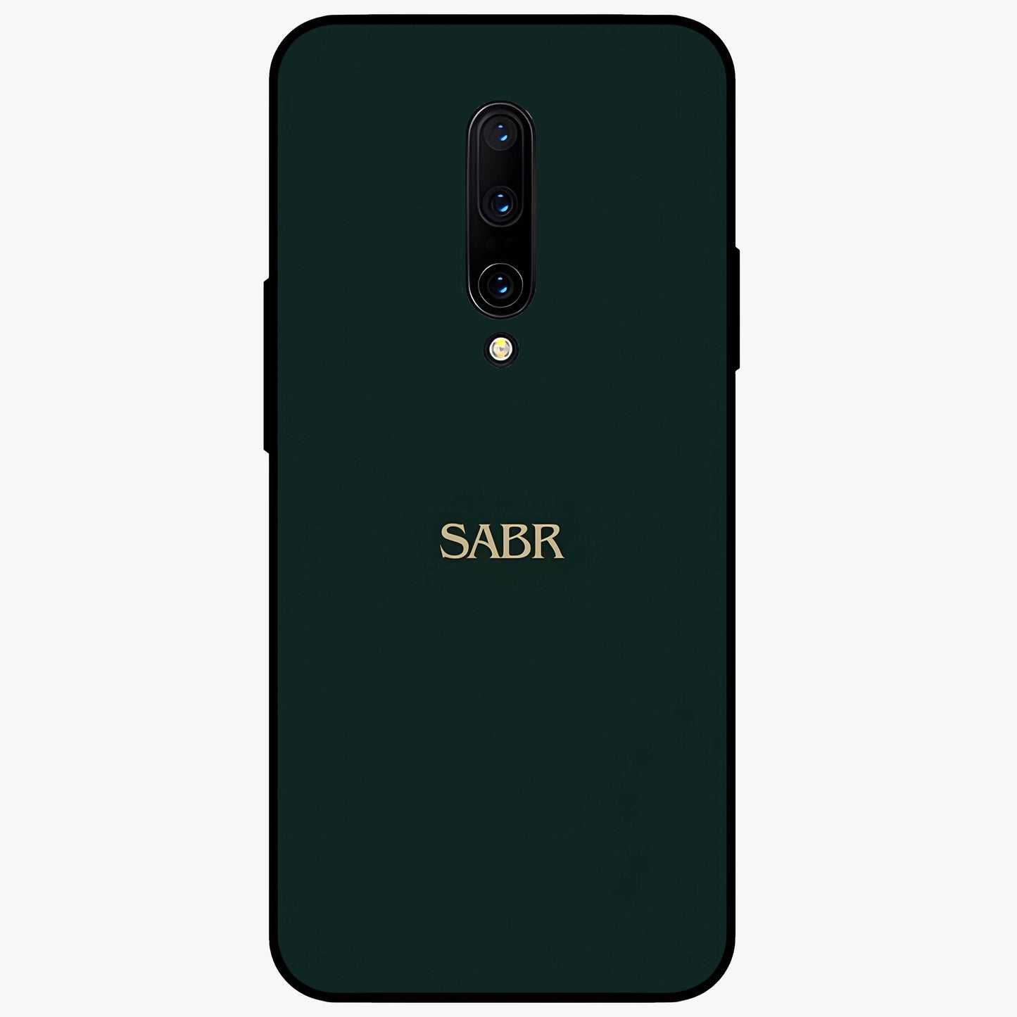 Sabr Minimal Patience Glass Case showing flat back view with minimalist typography artwork and glossy glass finish.