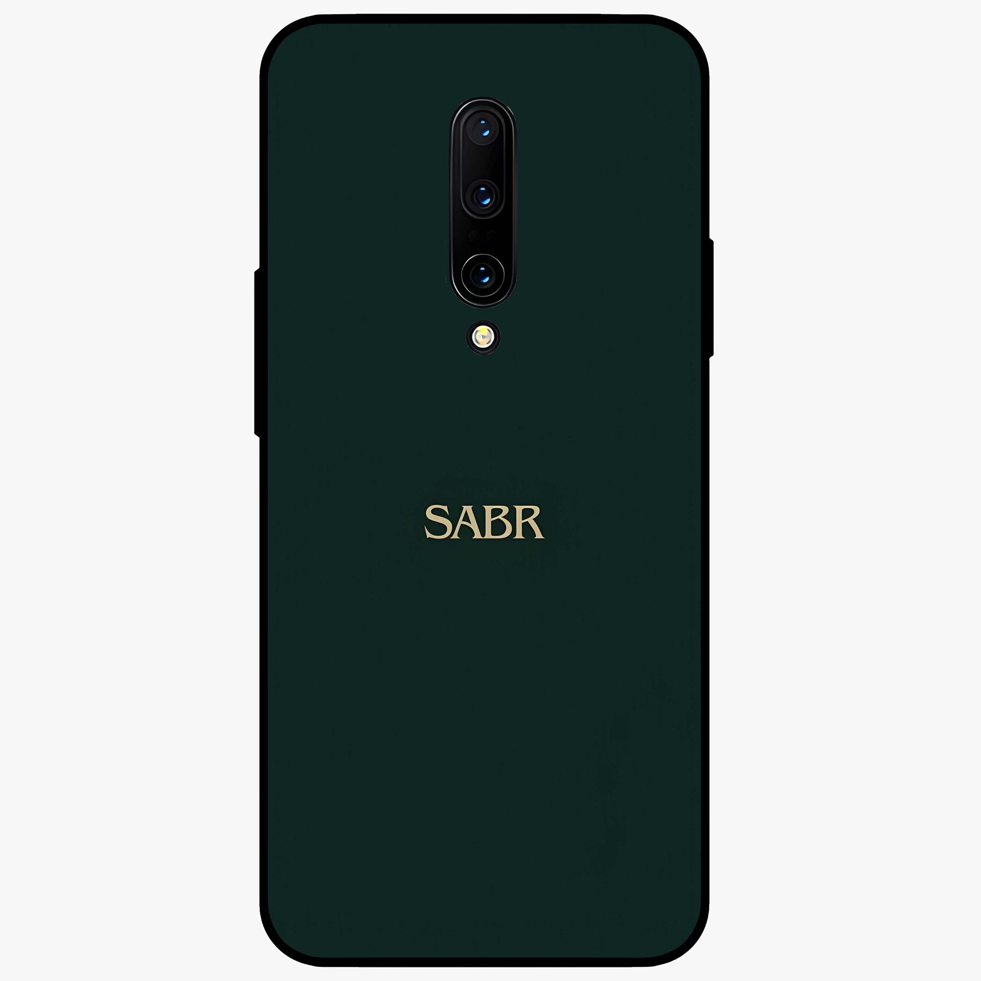 Sabr Minimal Patience Glass Case showing flat back view with minimalist typography artwork and glossy glass finish.
