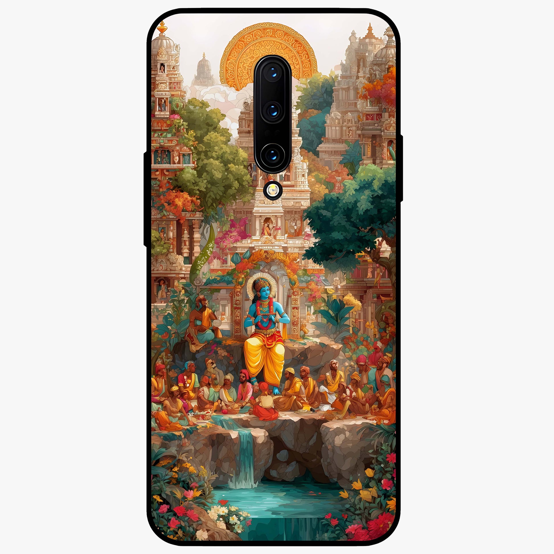 Sacred Sunlight Gods Glass Case showing flat back view with divine sunlight themed artwork and glossy glass finish.