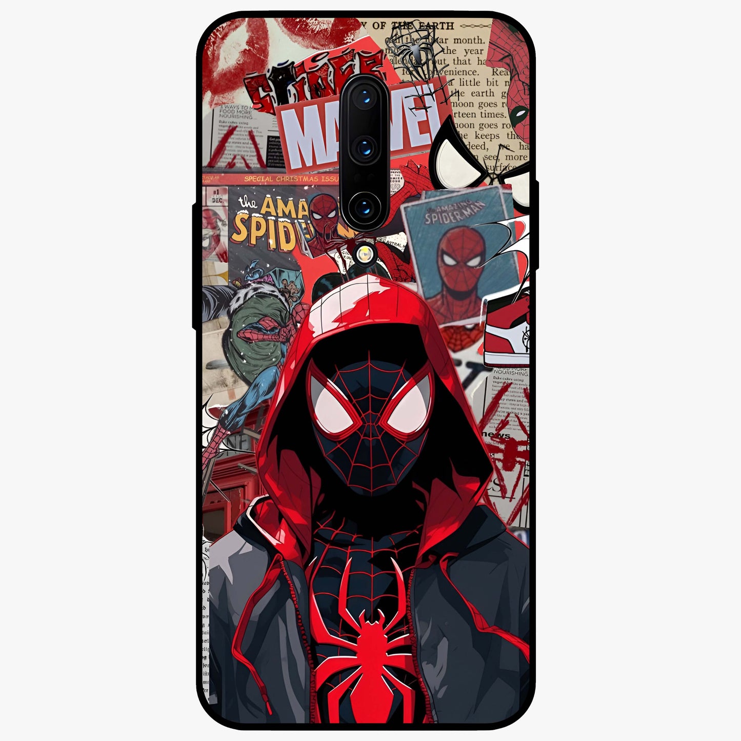 Spider Collage Street Glass Case showing flat back view with vibrant superhero collage artwork and glossy glass finish.