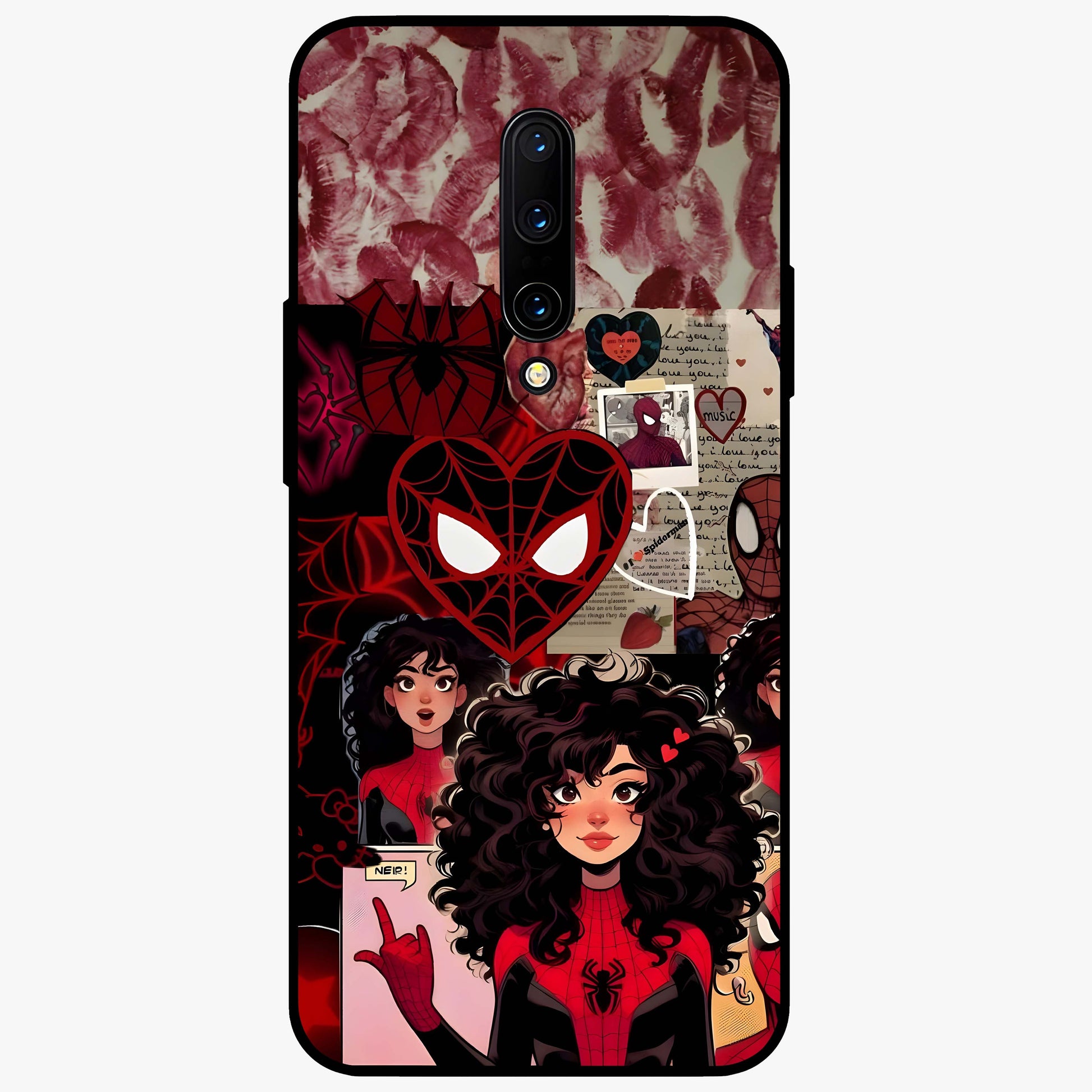 Spider Love Story Glass Case showing flat back view with romantic superhero themed artwork and glossy glass finish.