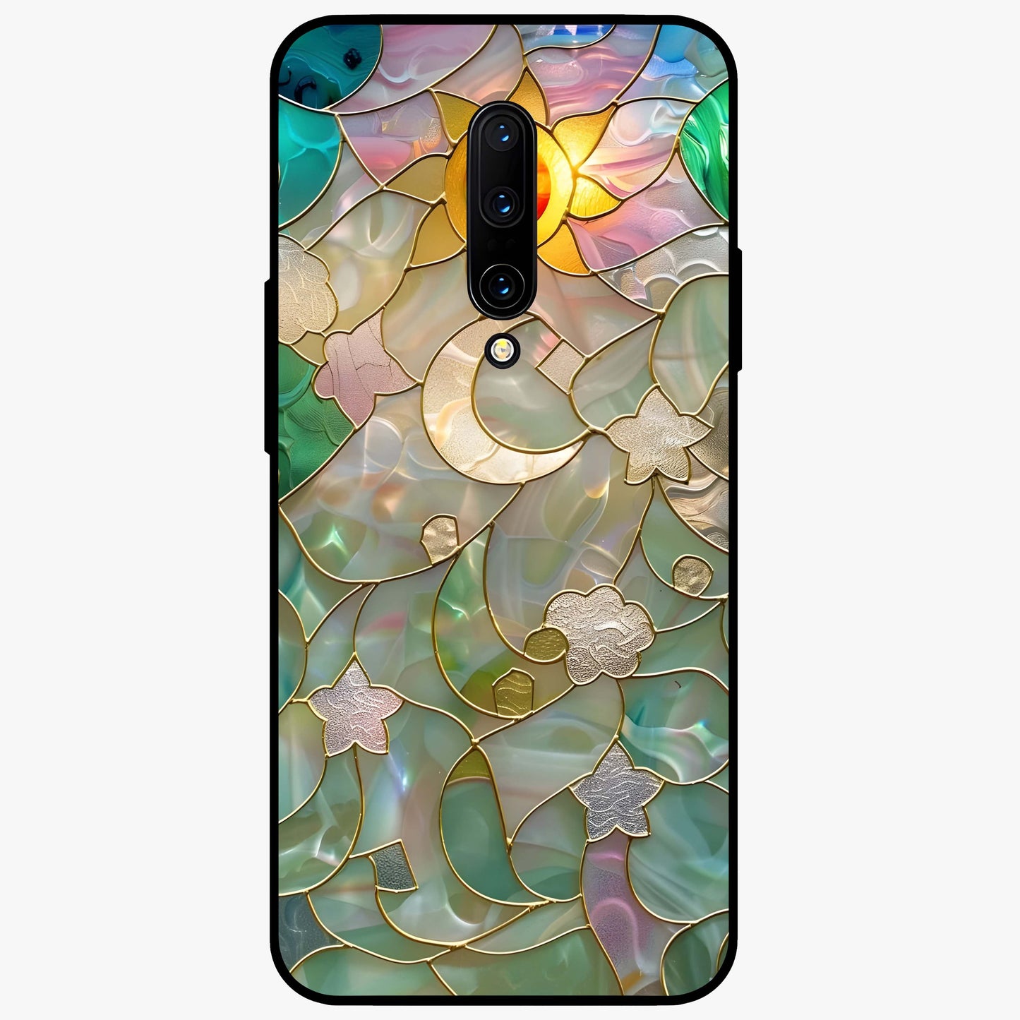 Stained Sunrise Glow Glass Case showing flat back view with glowing sunrise stained pattern artwork and glossy glass finish.