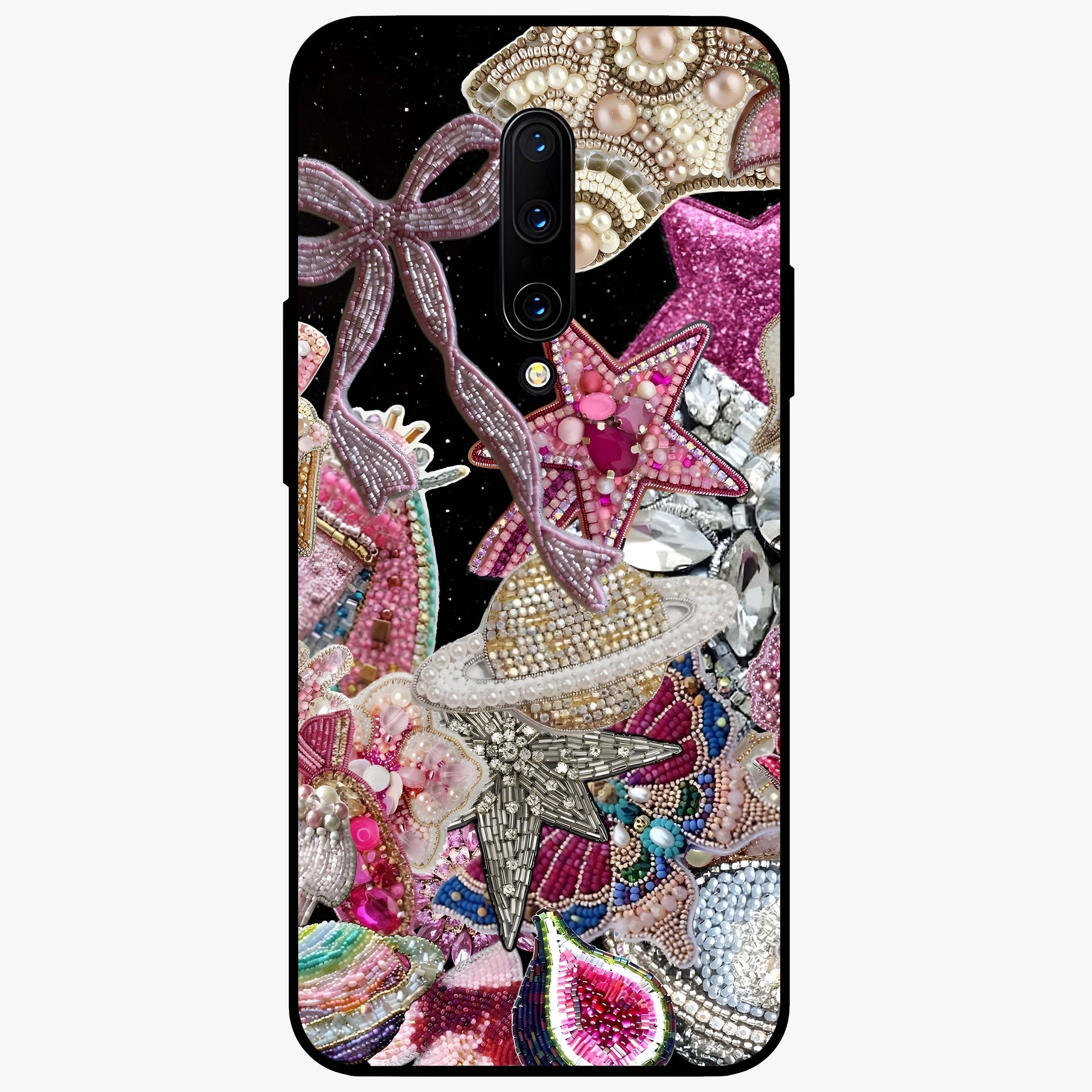 Starlit Jewel Dream Glass Case showing flat back view with sparkling jewel and star themed artwork and glossy glass finish.