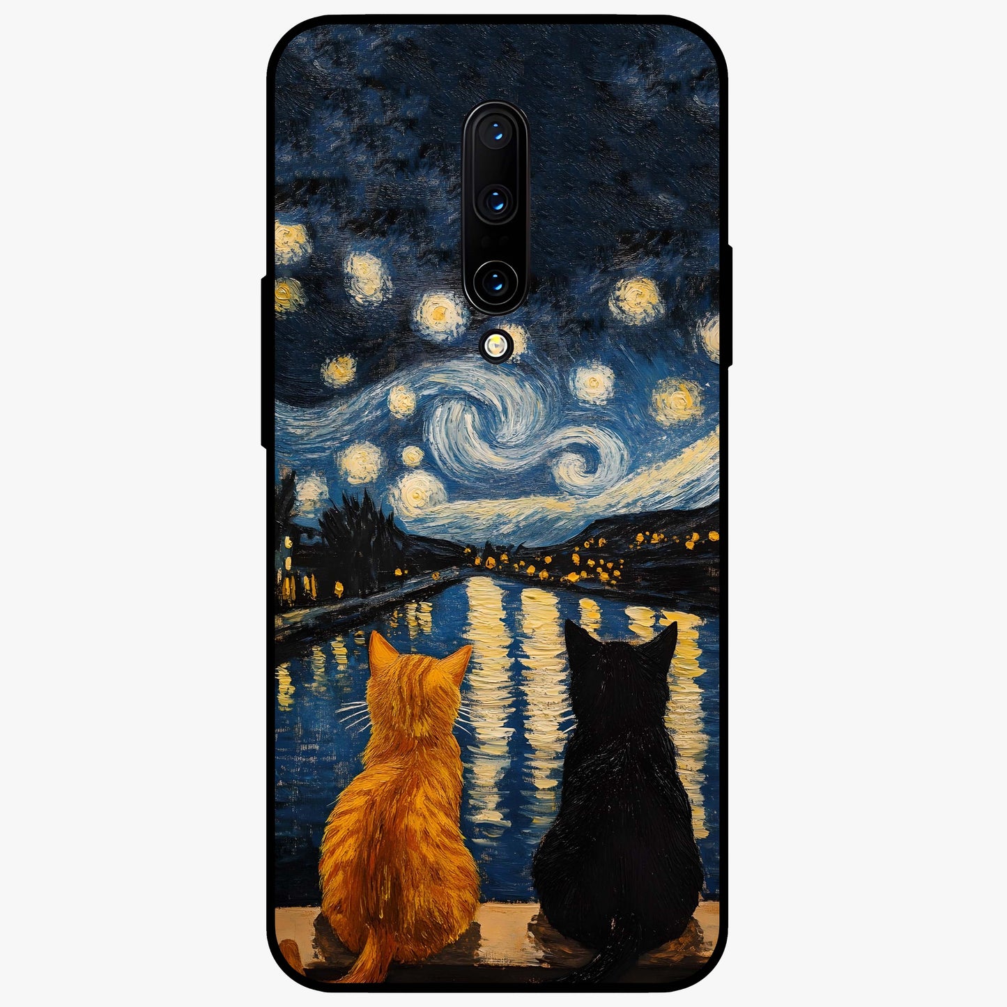 Starry River Cats Glass Case showing flat back view with cats by a starry river artwork and glossy glass finish.
