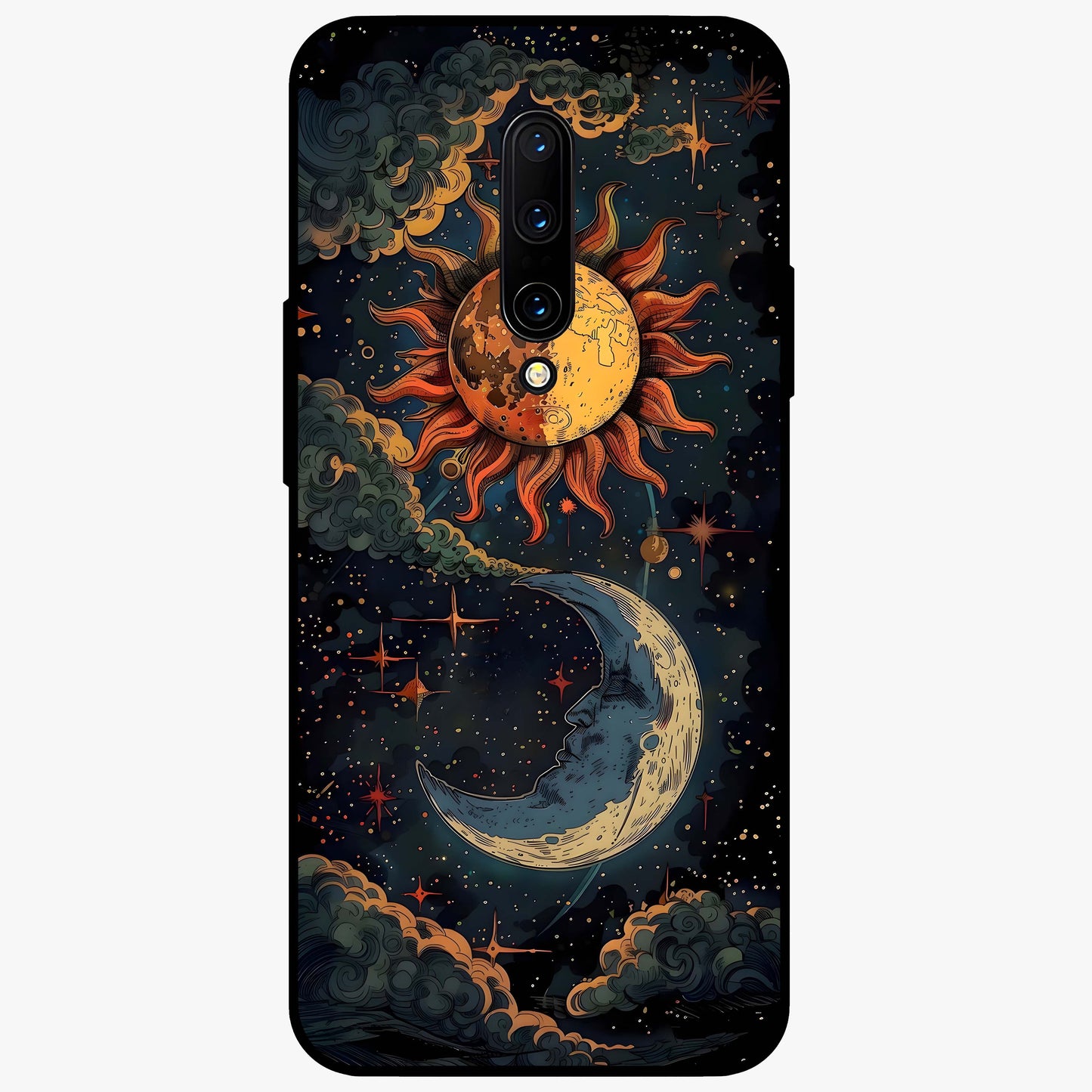 Sun And Moon Magic Design Glass Case showing flat back view with mystical sun and moon artwork and glossy glass finish.