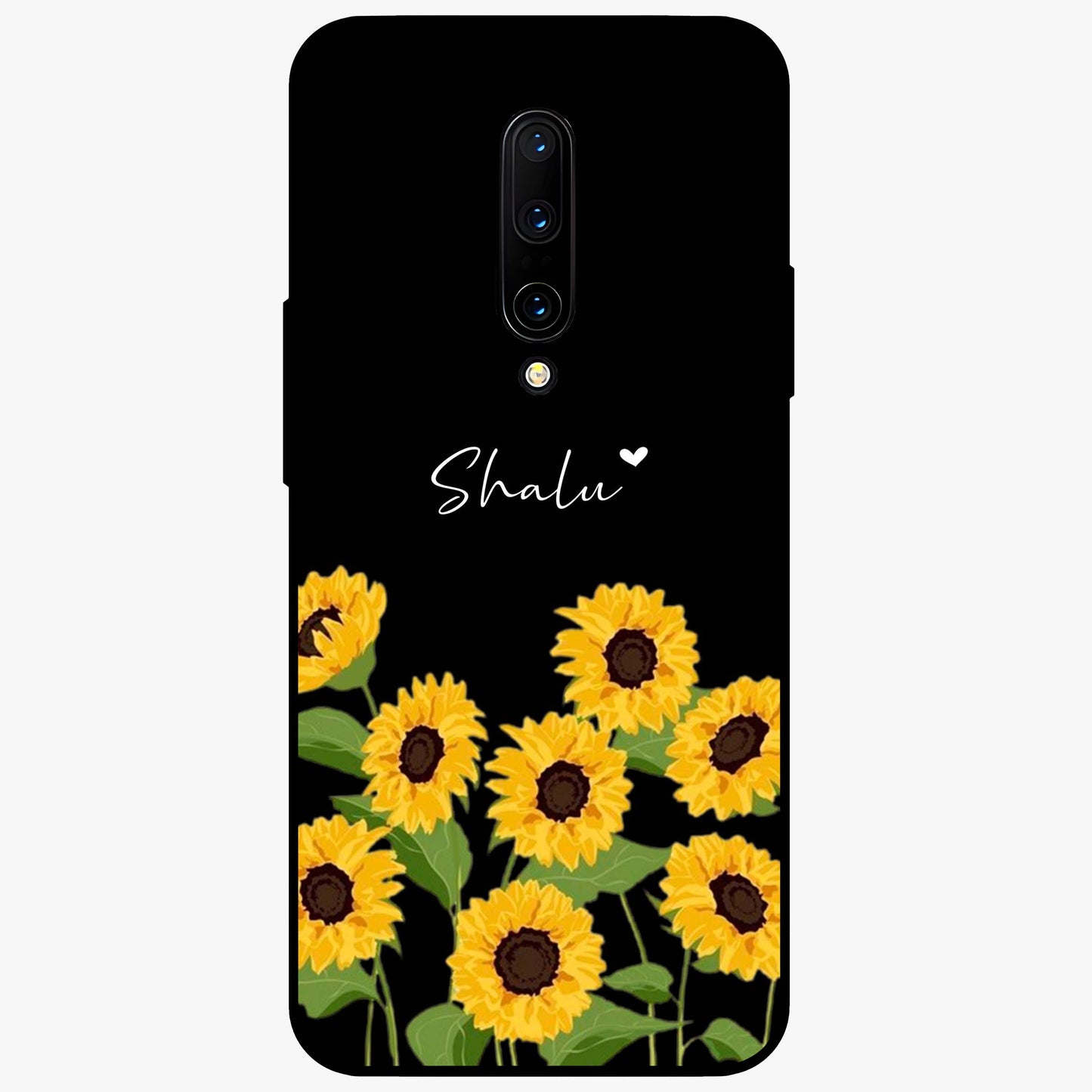 Sunflower Chic Mood Custom Name Glass Case showing flat back view with stylish sunflower artwork and personalized name design.
