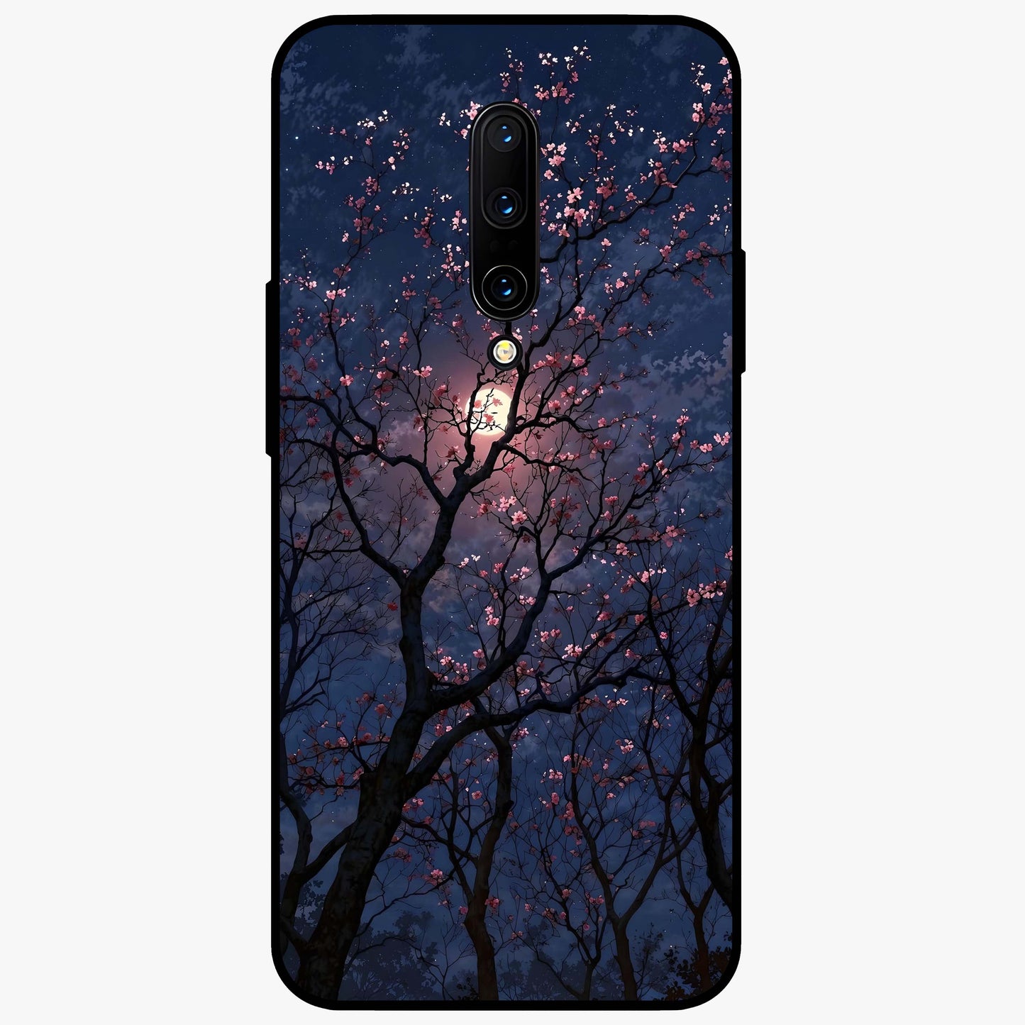 Twilight Sakura Serenade Glass Case showing flat back view with cherry blossom artwork at twilight and glossy glass finish.