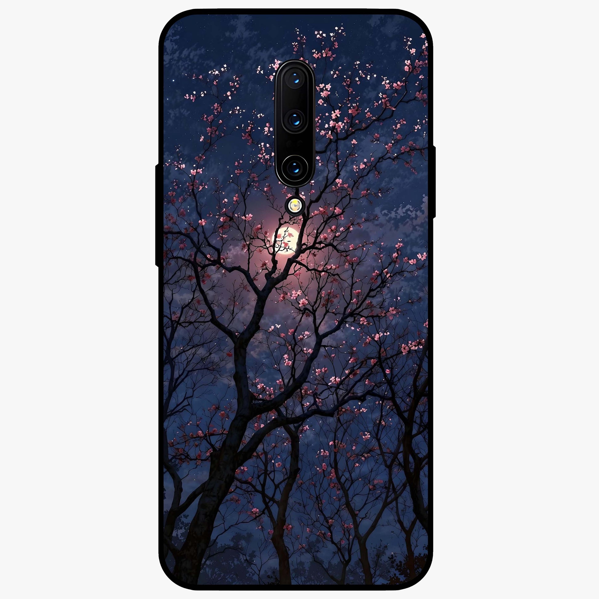 Twilight Sakura Serenade Glass Case showing flat back view with cherry blossom artwork at twilight and glossy glass finish.