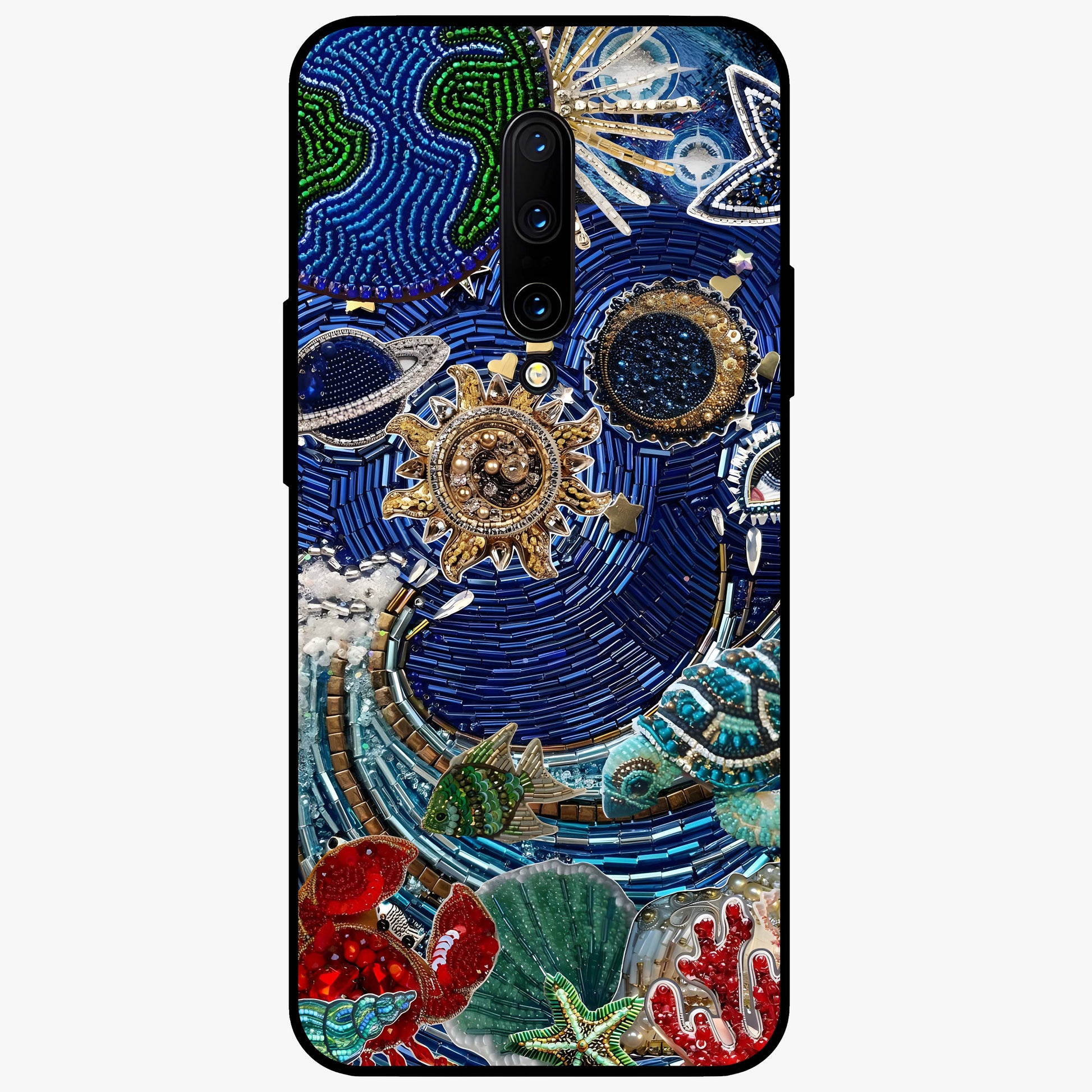 Universe Underwater Spark Glass Case showing flat back view with cosmic underwater themed artwork and glossy glass finish.