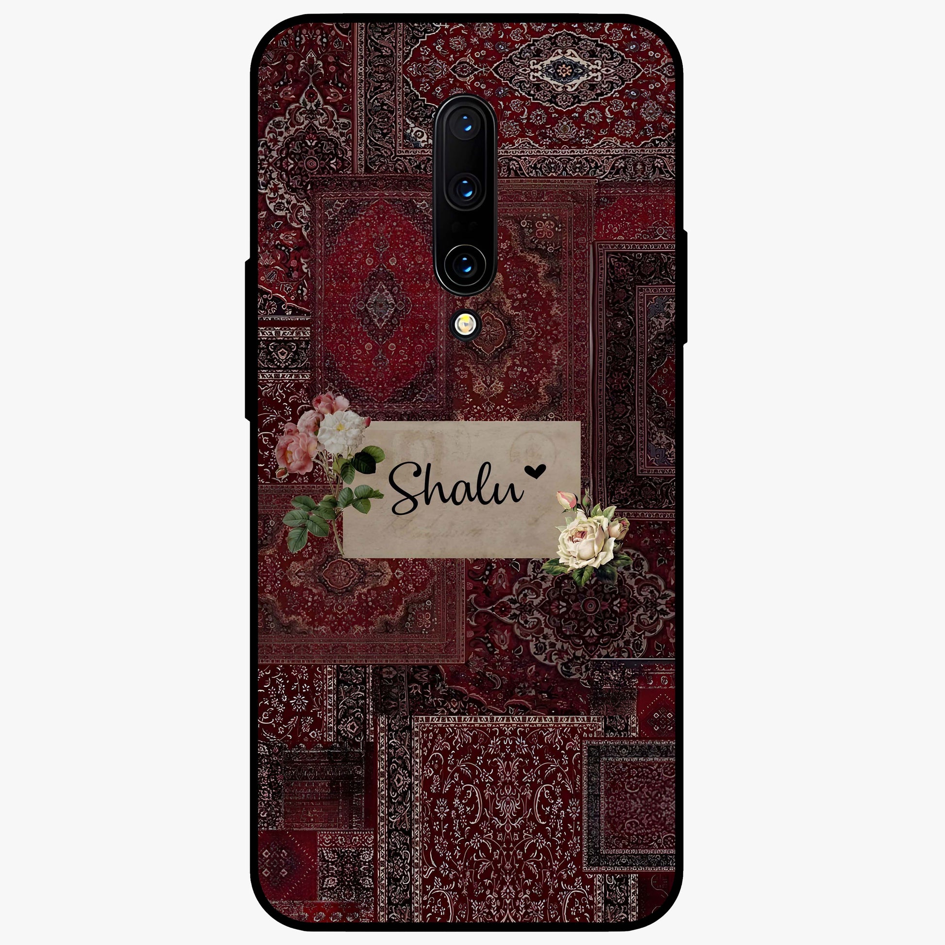 Velvet Wine Pattern Custom Name Glass Case showing flat back view with elegant wine colored pattern artwork and personalized name design.