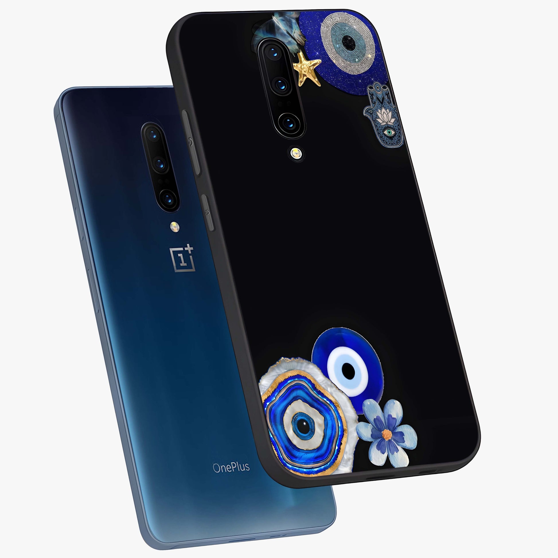 Aesthetic Blue Evil Eye Glass Case displayed in angled mockup highlighting blue evil eye symbol and spiritual aesthetic design.
