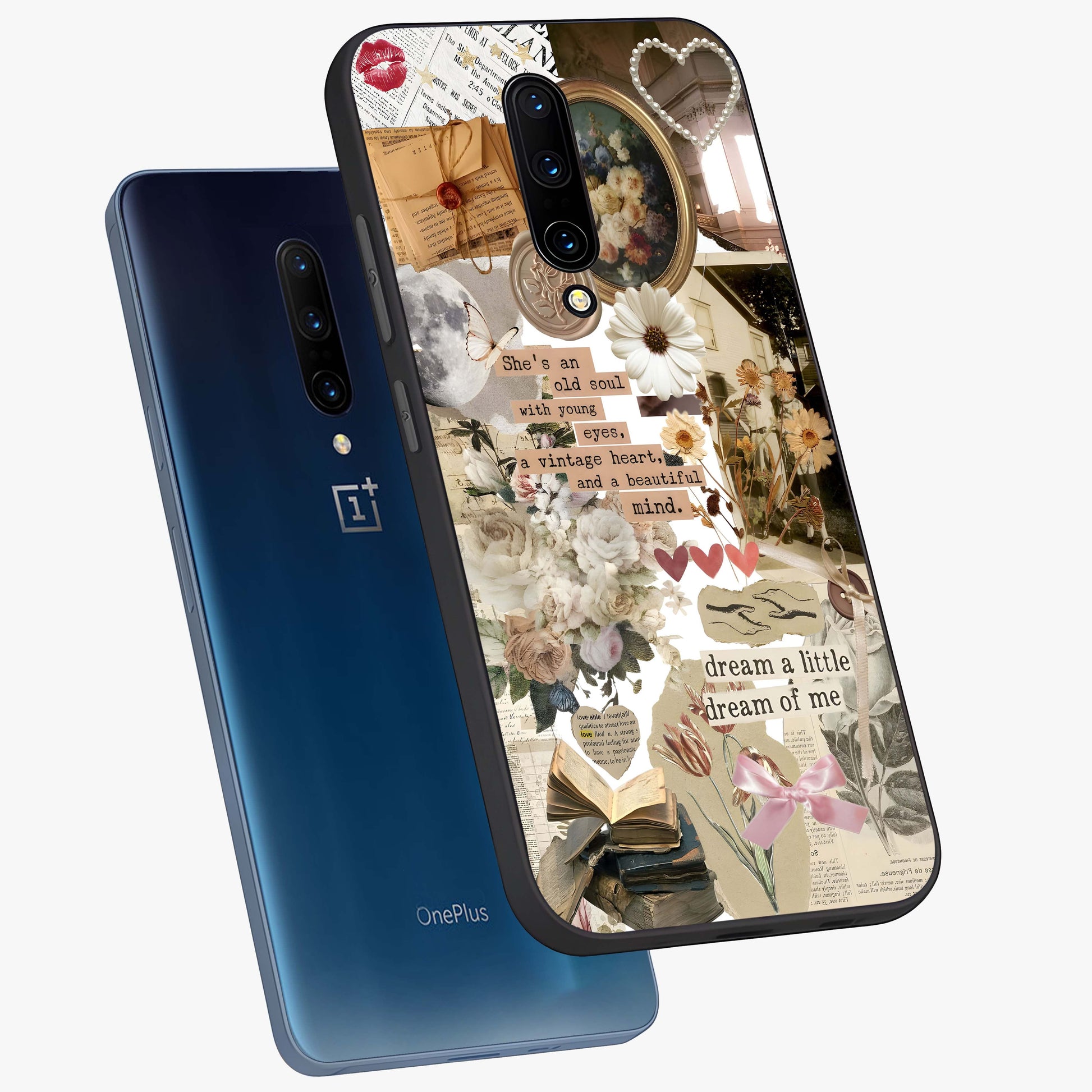 Aesthetic Brown Vintage Collage Glass Case displayed in angled mockup highlighting vintage aesthetic collage design.