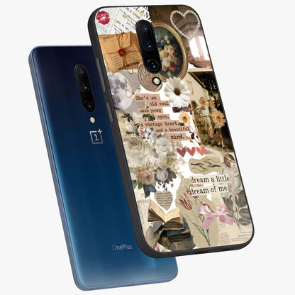 Aesthetic Brown Vintage Collage Glass Case displayed in angled mockup highlighting vintage aesthetic collage design.