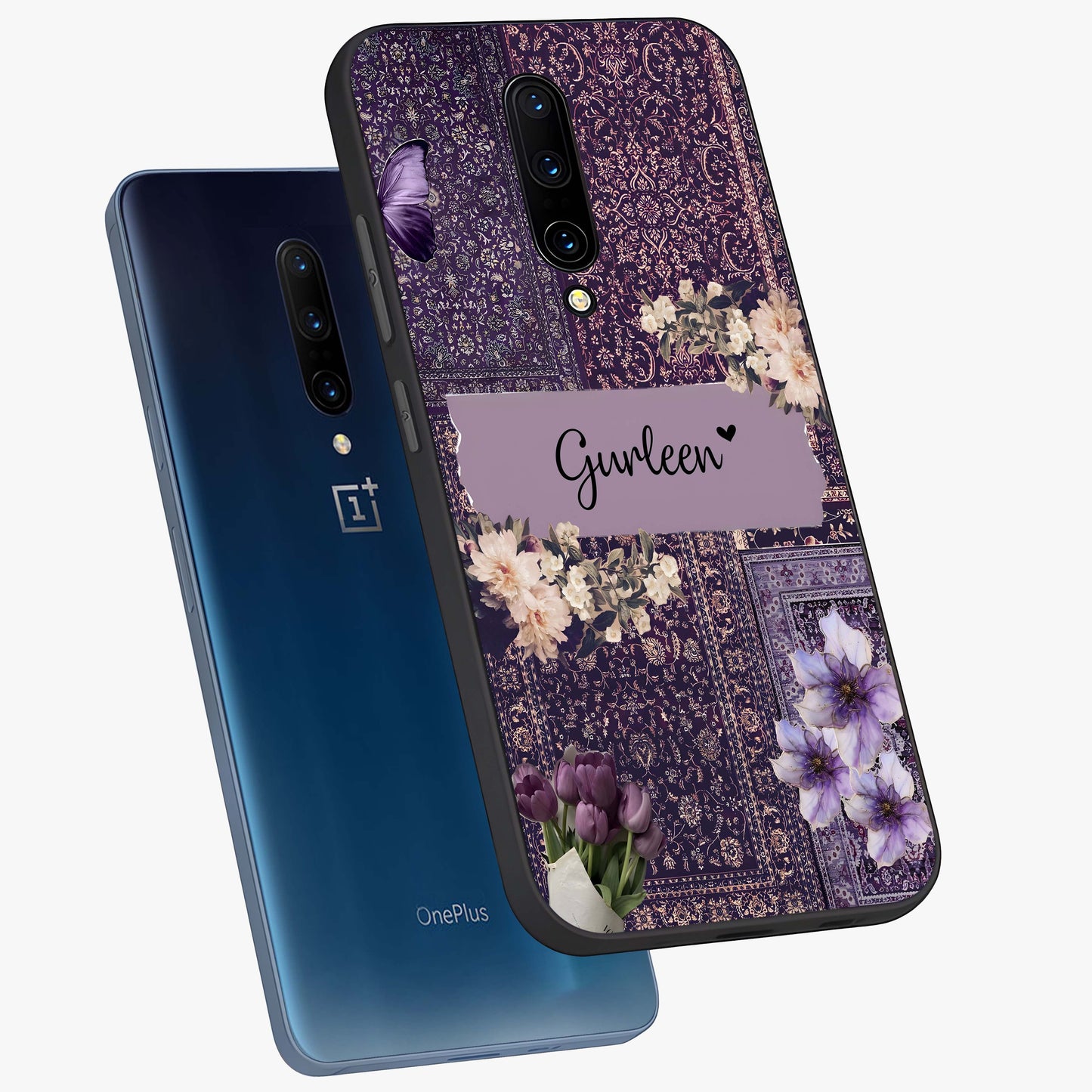 Antique Floral Whisper Custom Name Glass Case displayed in angled mockup highlighting elegant antique floral aesthetic.