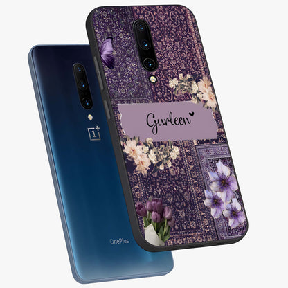 Antique Floral Whisper Custom Name Glass Case displayed in angled mockup highlighting elegant antique floral aesthetic.