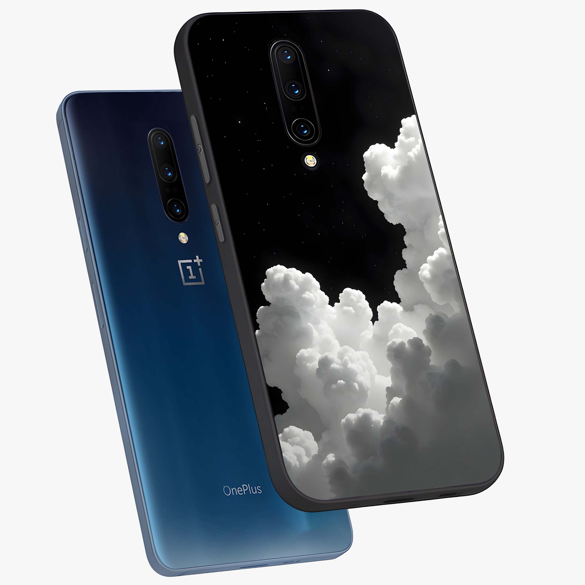 Black Background With White Cloud Glass Case displayed in angled mockup highlighting soft white cloud illustration and minimal design.