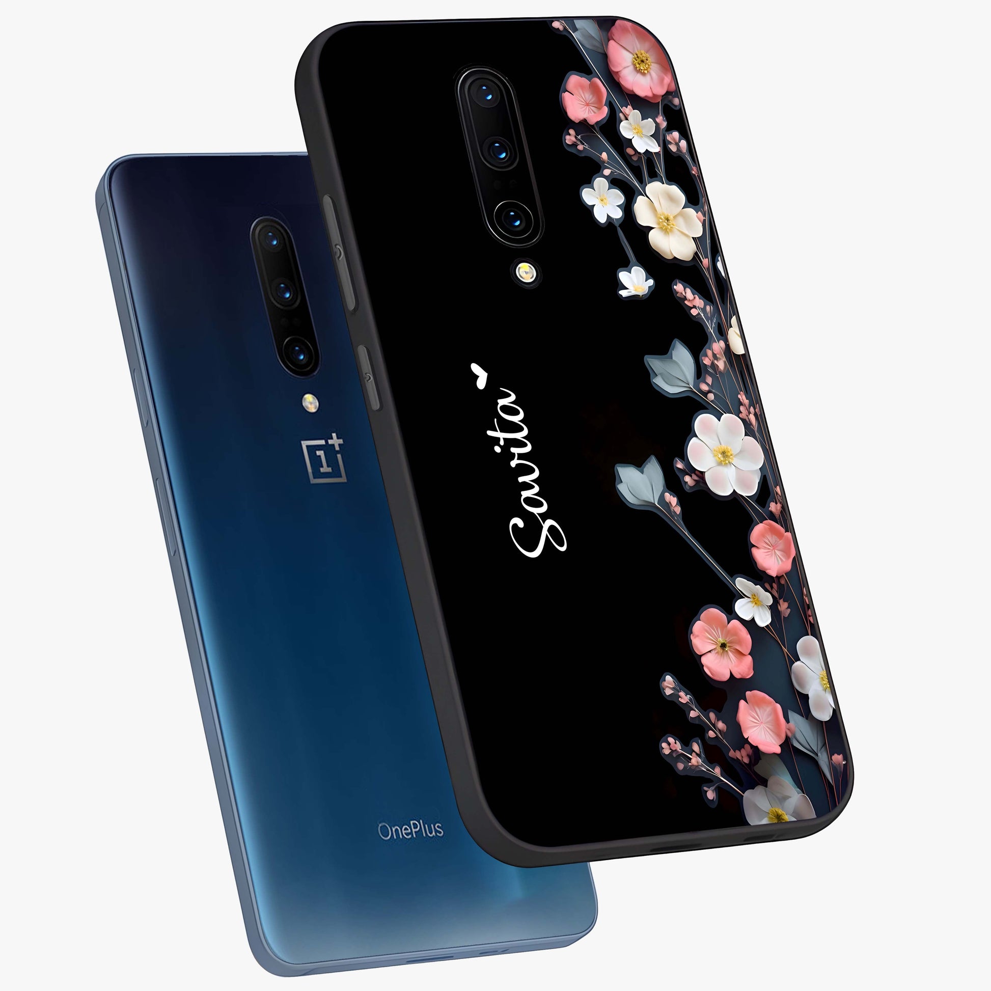 Black Elegance Floral Custom Name Glass Case displayed in angled mockup highlighting dark floral aesthetic and custom name feature.