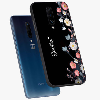 Black Elegance Floral Custom Name Glass Case displayed in angled mockup highlighting dark floral aesthetic and custom name feature.