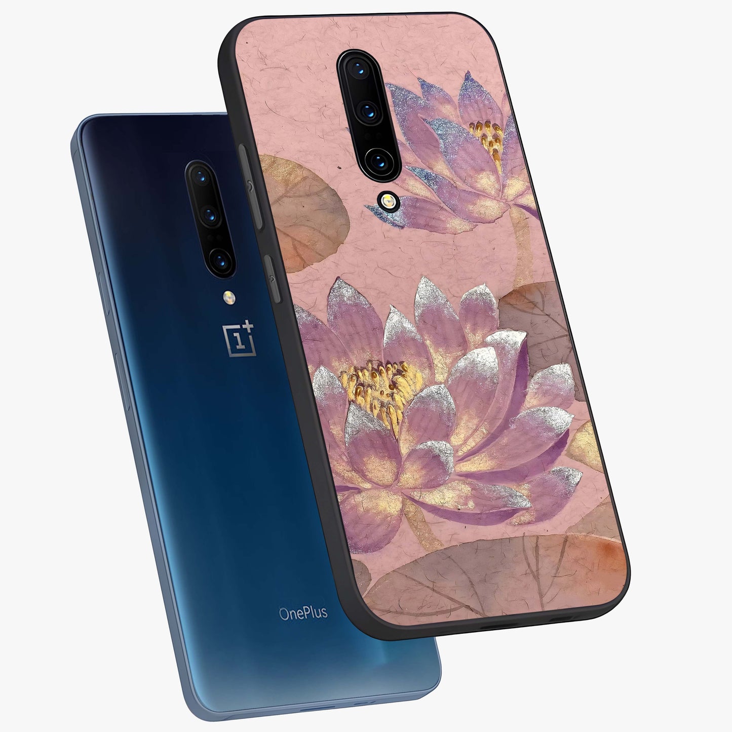 Blossom Mist Lotus Glass Case displayed in angled mockup highlighting delicate lotus illustration with calm aesthetic theme.