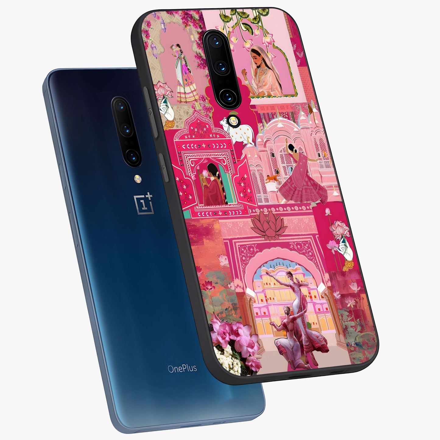 Blossoms of Rajasthan Glass Case displayed in angled mockup highlighting vibrant floral pattern with cultural aesthetic style.
