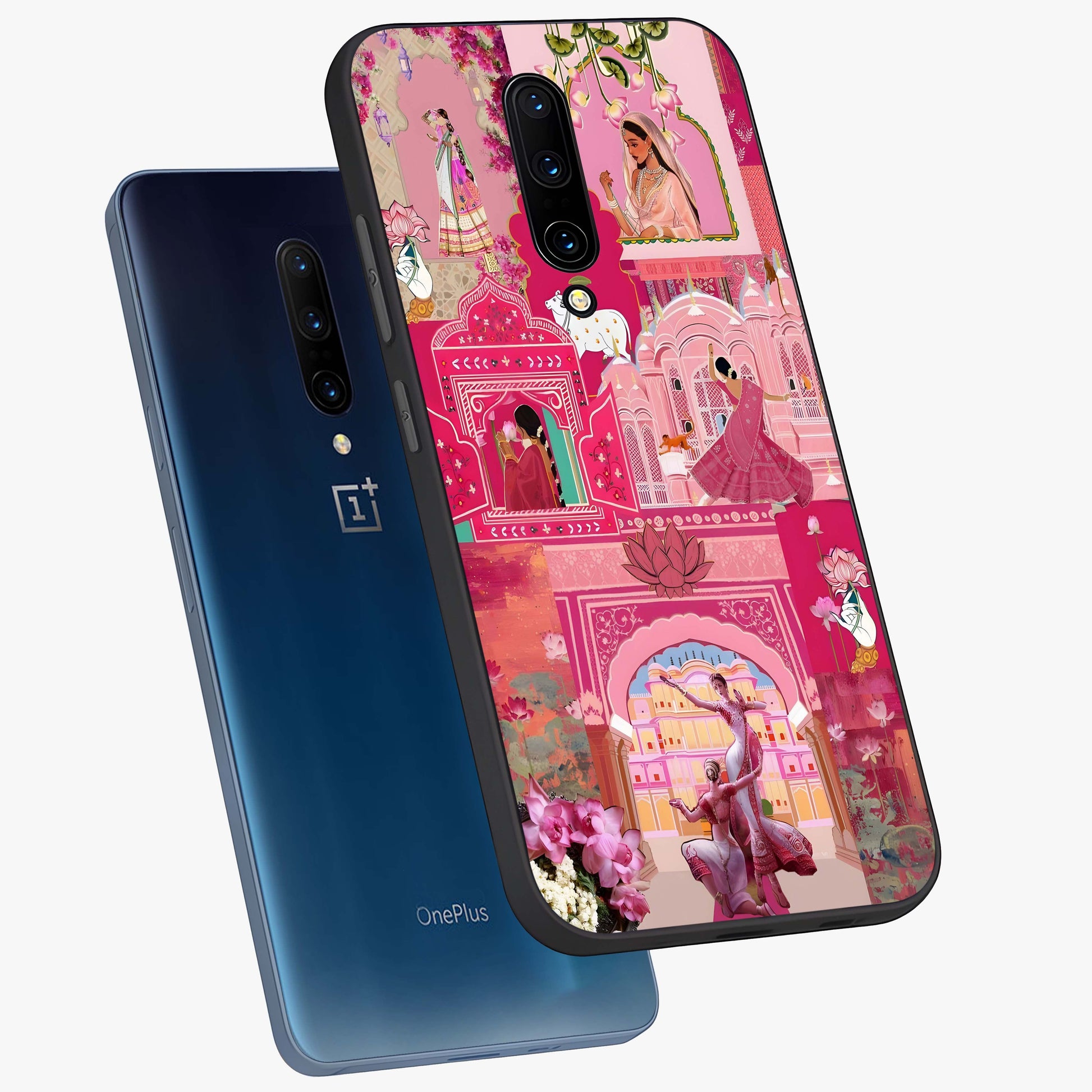 Blossoms of Rajasthan Glass Case displayed in angled mockup highlighting vibrant floral pattern with cultural aesthetic style.