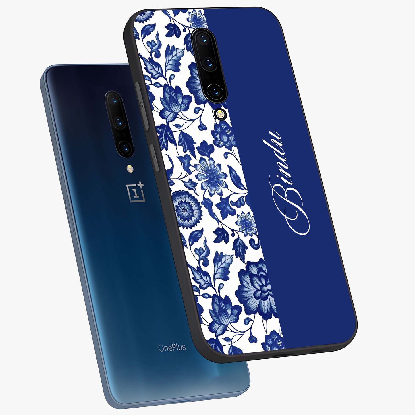 Blue Vintage Floral Pattern Glass Case displayed in angled mockup highlighting subtle bloom pattern with aesthetic pastel design.
