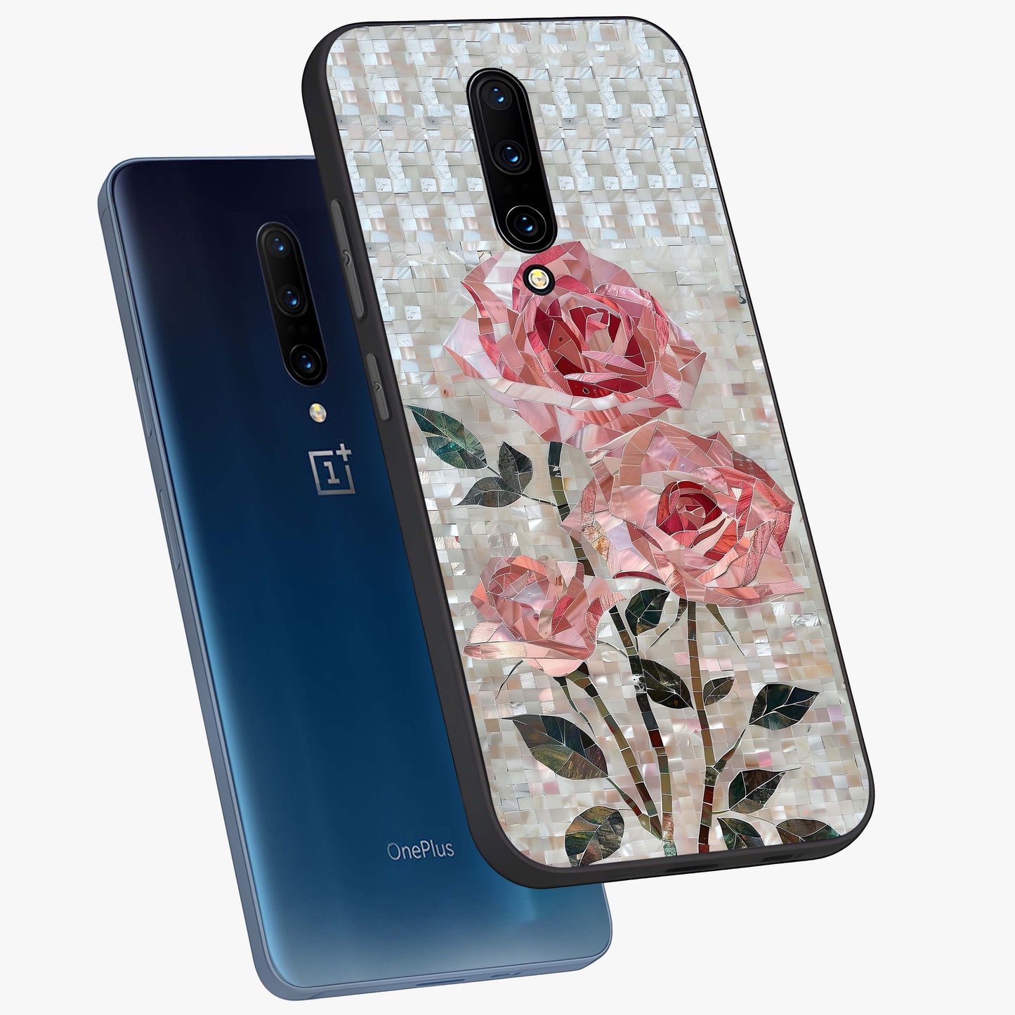 Blush Mosaic Bloom Glass Case displayed in angled mockup highlighting artistic mosaic flower pattern with aesthetic design.