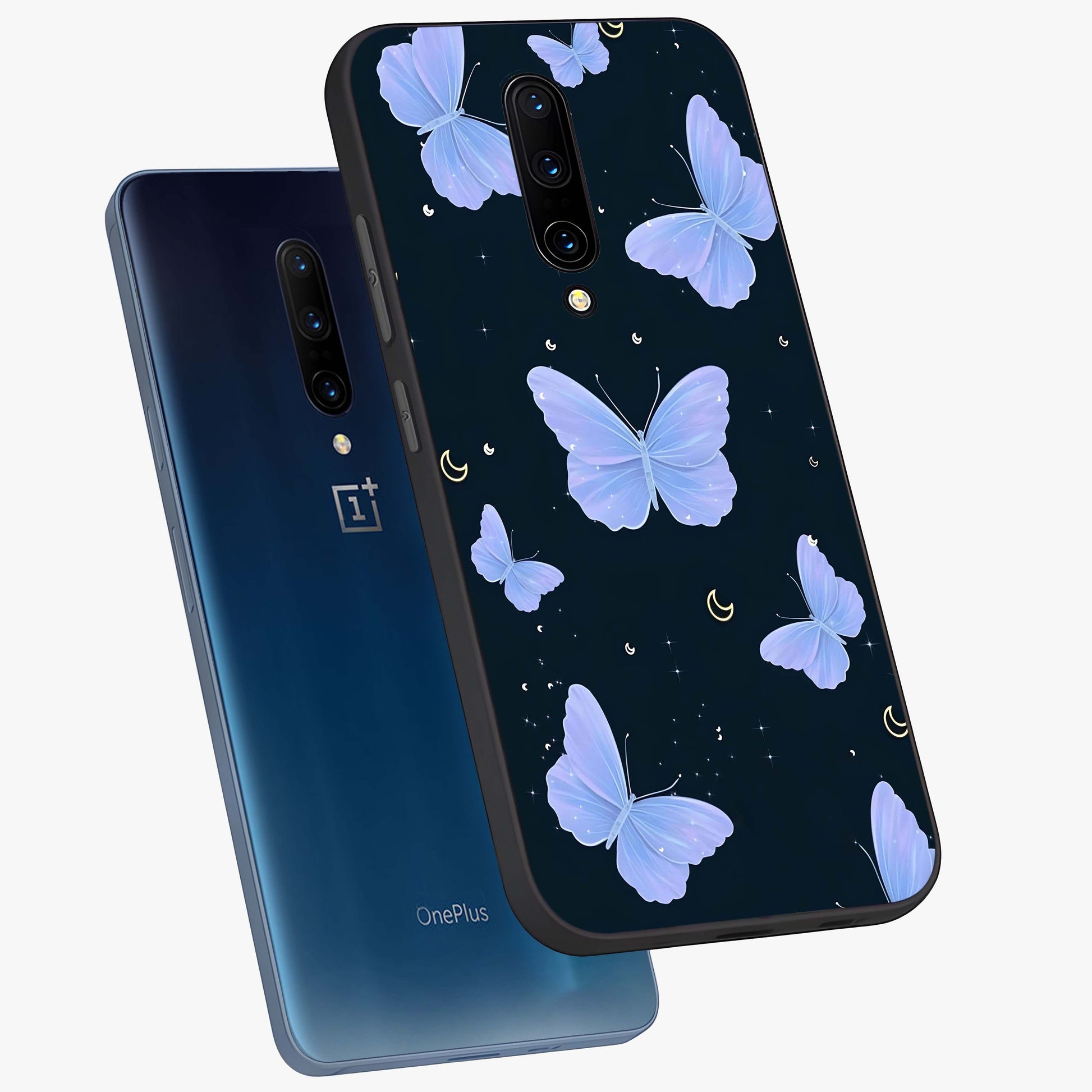 Butterfly With Stars Pattern Glass Case displayed in angled mockup highlighting dreamy butterfly and star design with aesthetic theme.