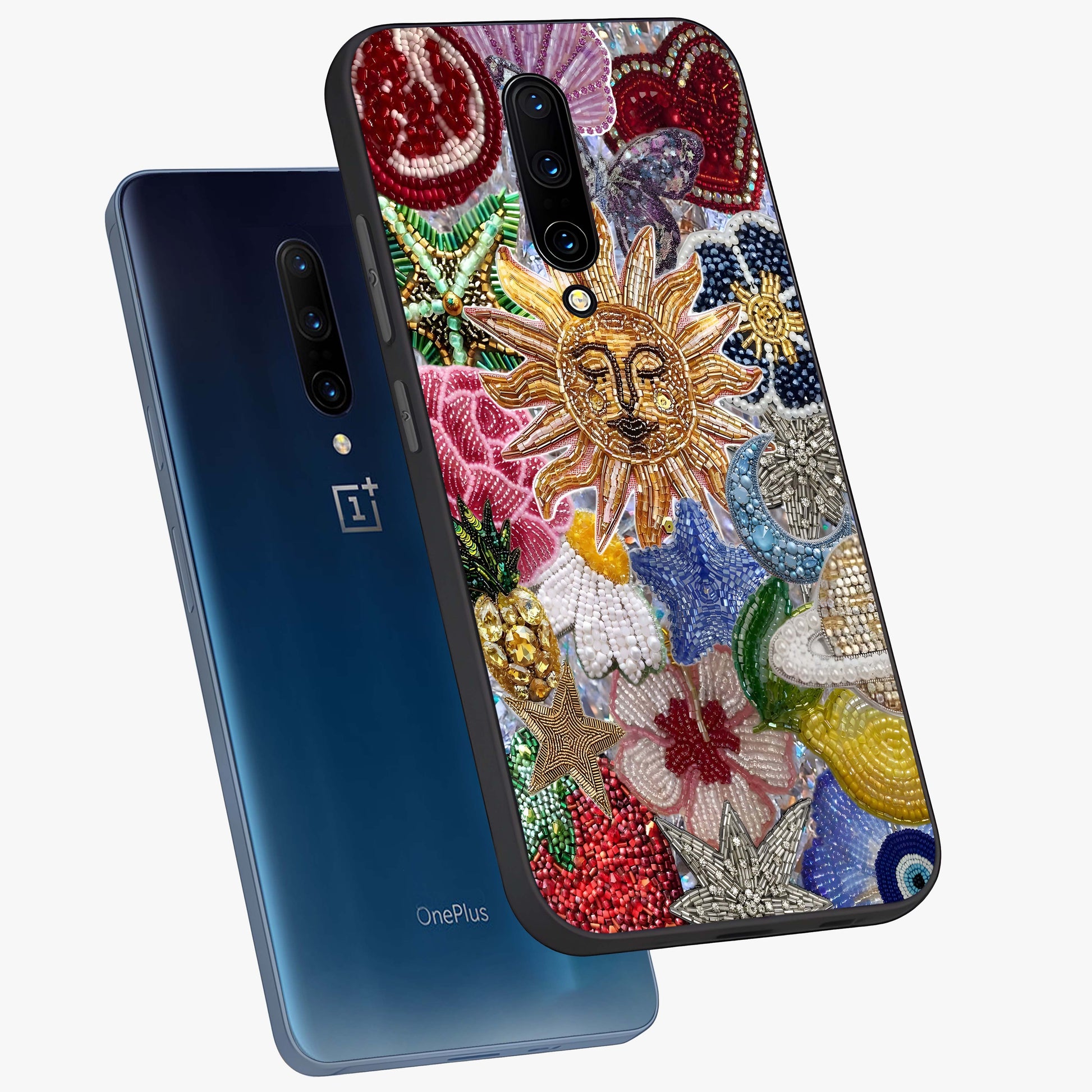 Celestial Floral and Playful Glass Case displayed in angled mockup highlighting playful floral design with dreamy celestial elements.