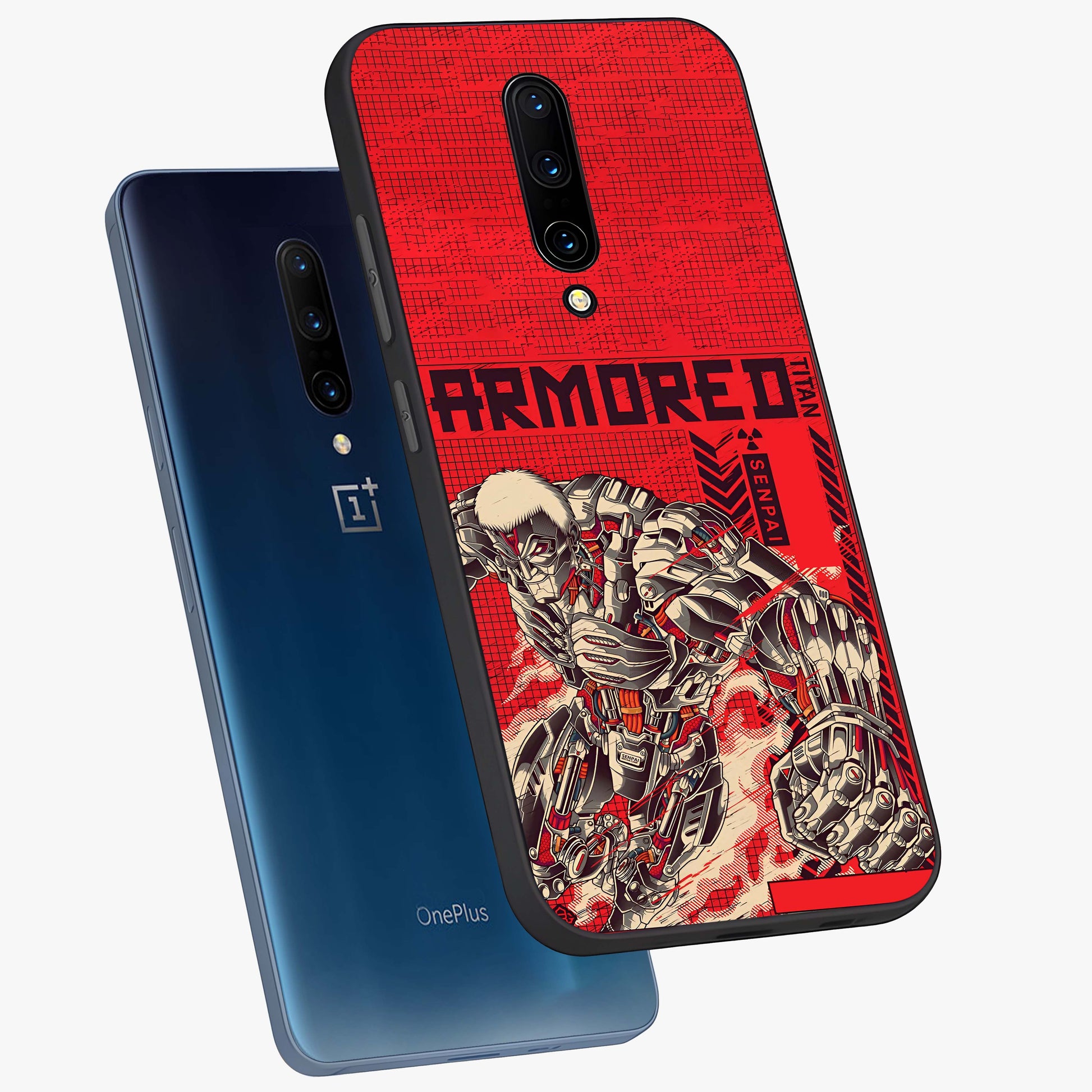 Crimson Mecha Titan Glass Case displayed in angled mockup highlighting futuristic mech illustration with bold crimson aesthetic.