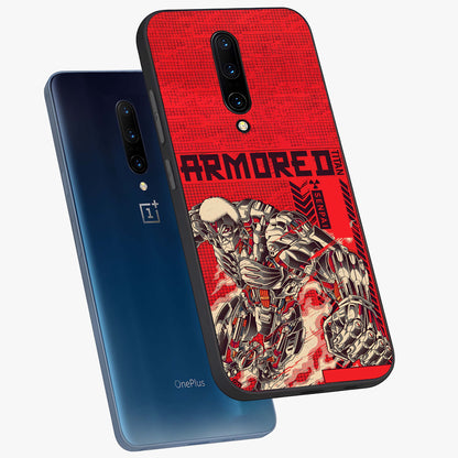 Crimson Mecha Titan Glass Case displayed in angled mockup highlighting futuristic mech illustration with bold crimson aesthetic.