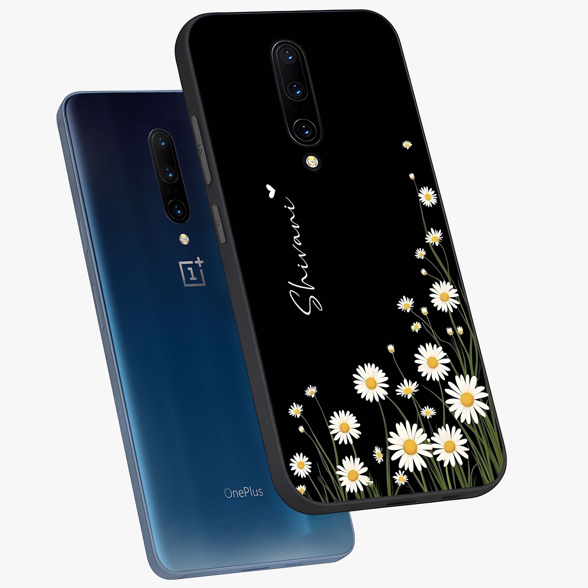 Daisy Cascade Custom Name Glass Case displayed in angled mockup highlighting delicate daisy artwork with custom name feature.