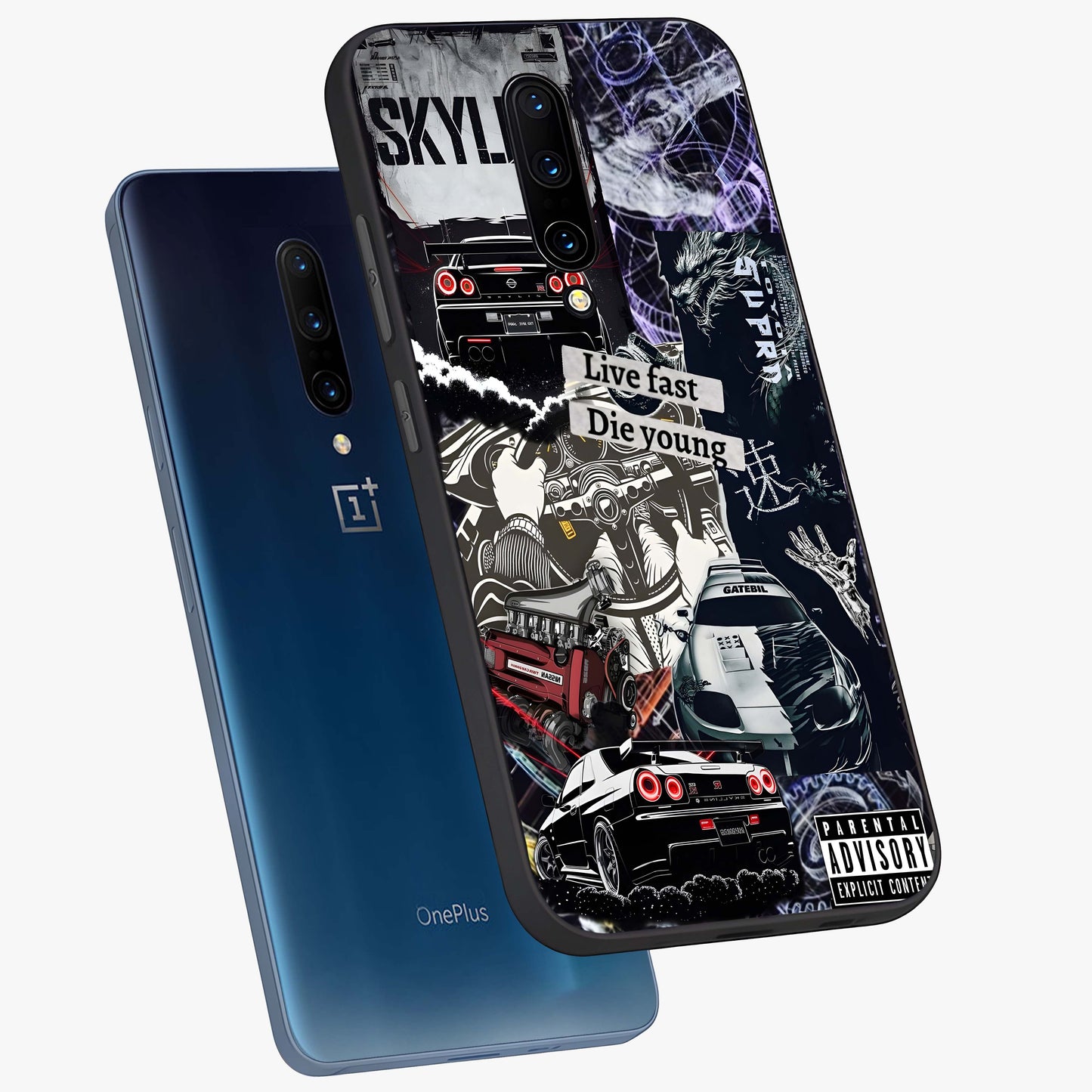 Die Young Glass Case displayed in angled mockup highlighting expressive graphic artwork with edgy aesthetic style.