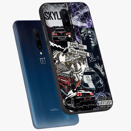 Die Young Glass Case displayed in angled mockup highlighting expressive graphic artwork with edgy aesthetic style.
