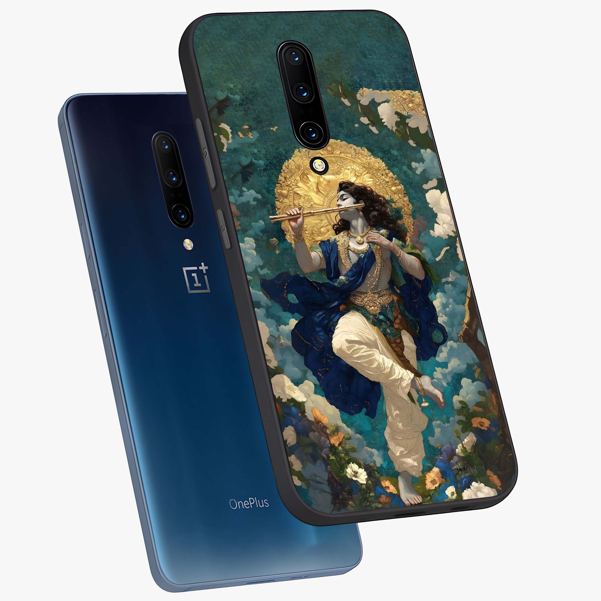 Divine Krishna Art Glass Case displayed in angled mockup highlighting spiritual Krishna illustration with devotional aesthetic.