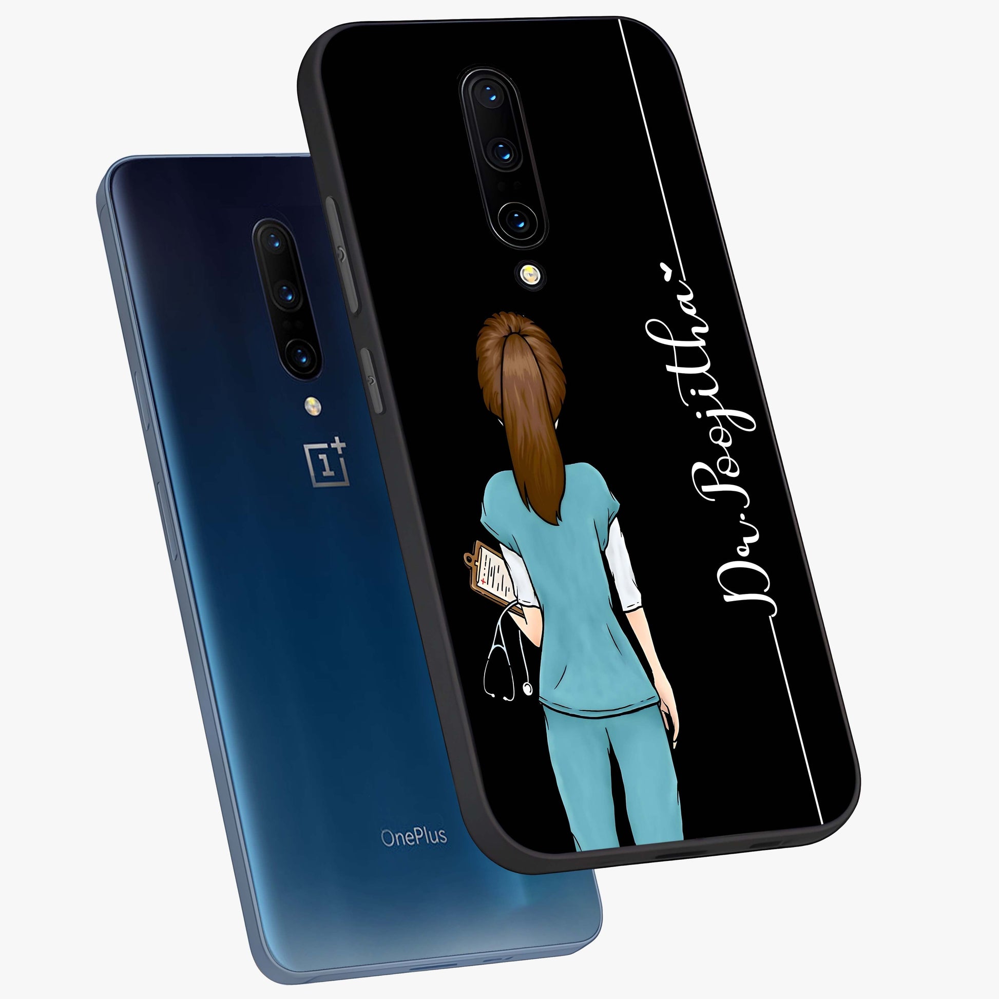 Doctor Pattern Custom Name Glass Case displayed in angled mockup highlighting doctor inspired artwork with custom name feature.