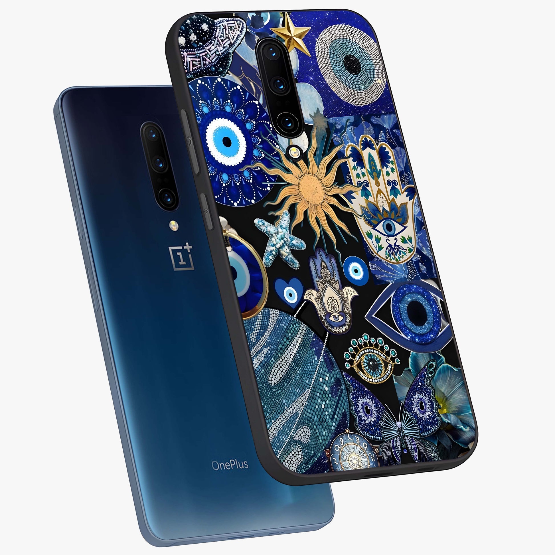 Evil Eye Charm Mix Glass Case displayed in angled mockup highlighting protective evil eye symbols with spiritual aesthetic design.