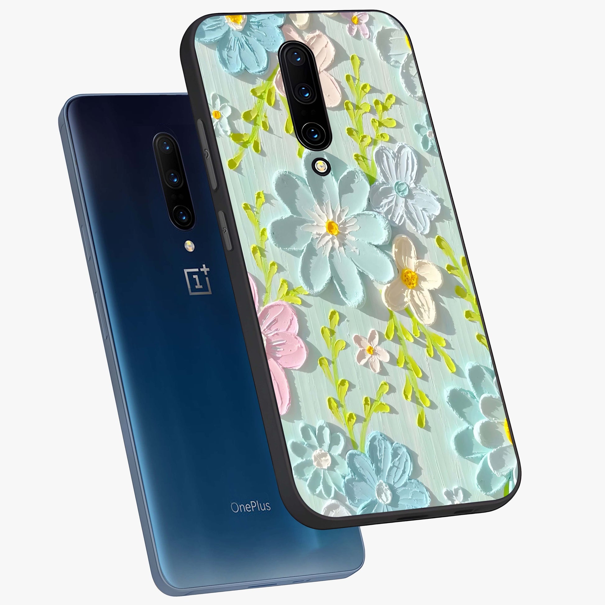Frosted Petal Garden Glass Case displayed in angled mockup highlighting delicate flower petal design with calm garden aesthetic.